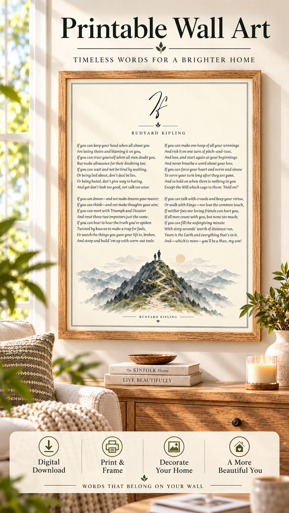 If Poem Printable Wall Art featuring Rudyard Kipling's poem with a mountain illustration in a cozy interior setting.