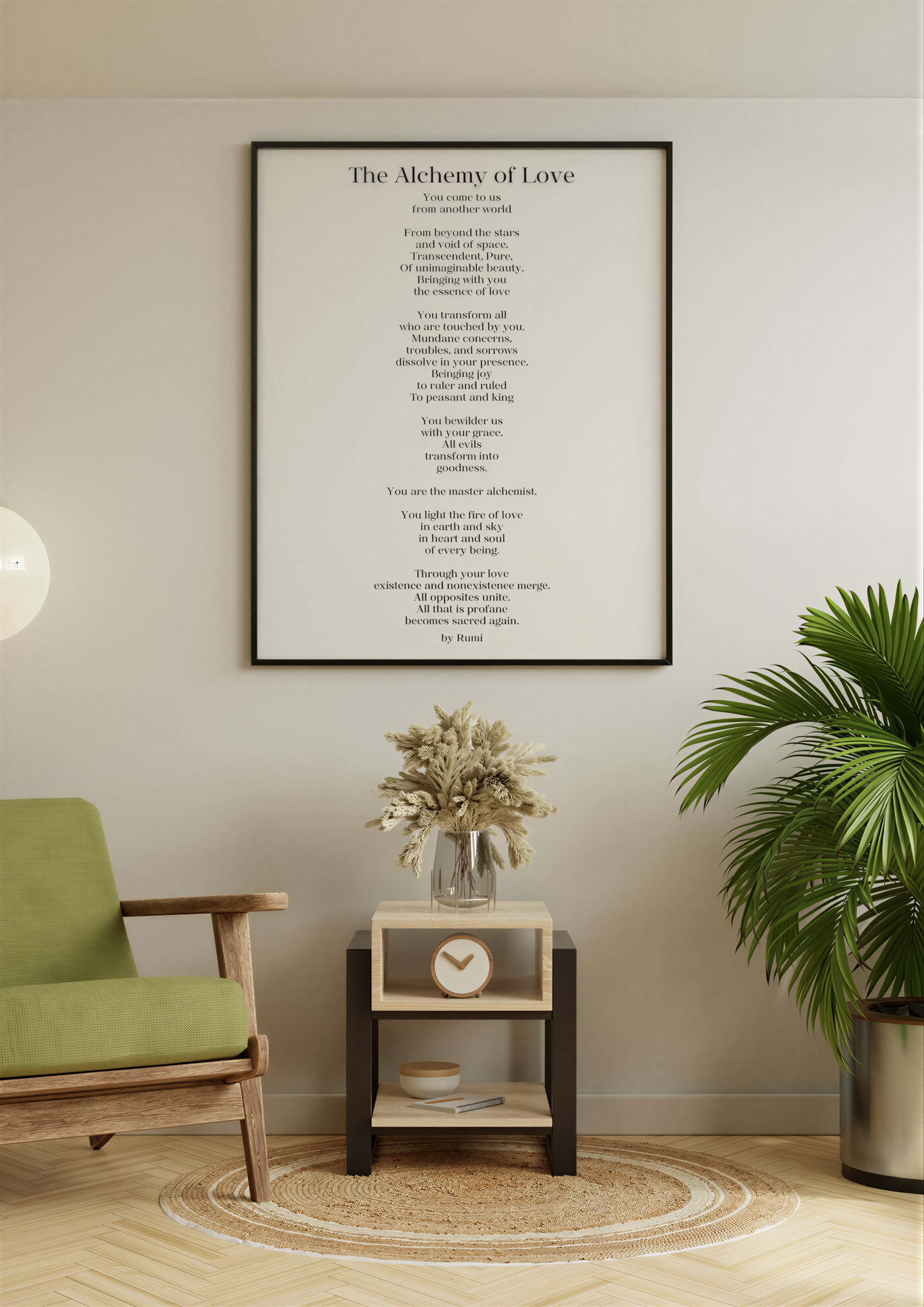 Inspirational Poetry Wall Art featuring The Alchemy of Love by Rumi in a minimalist decor setting.