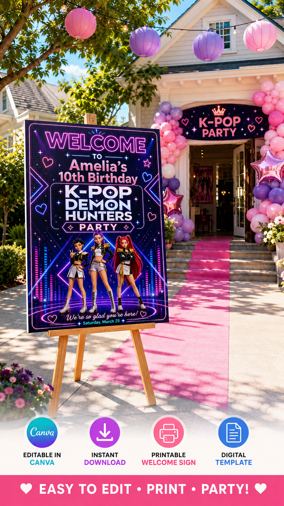 Colorful Kpop Demon Hunters Welcome Sign for Amelia's 10th Birthday entrance at a K-pop party.