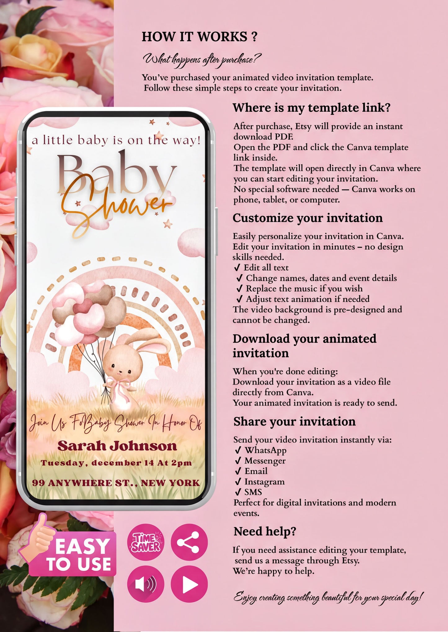Baby Shower Video Invitation with bunny and pastel design on smartphone screen, surrounded by roses, demonstrating customization options.