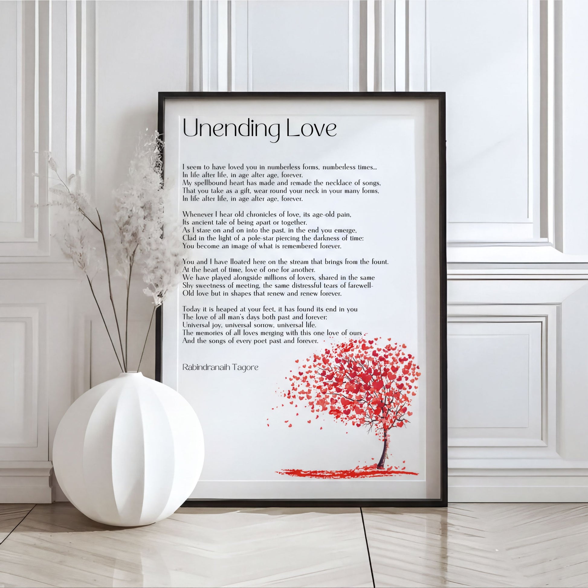 Unending Love Poem Art framed print featuring poetic words and a red tree design for romantic decor.