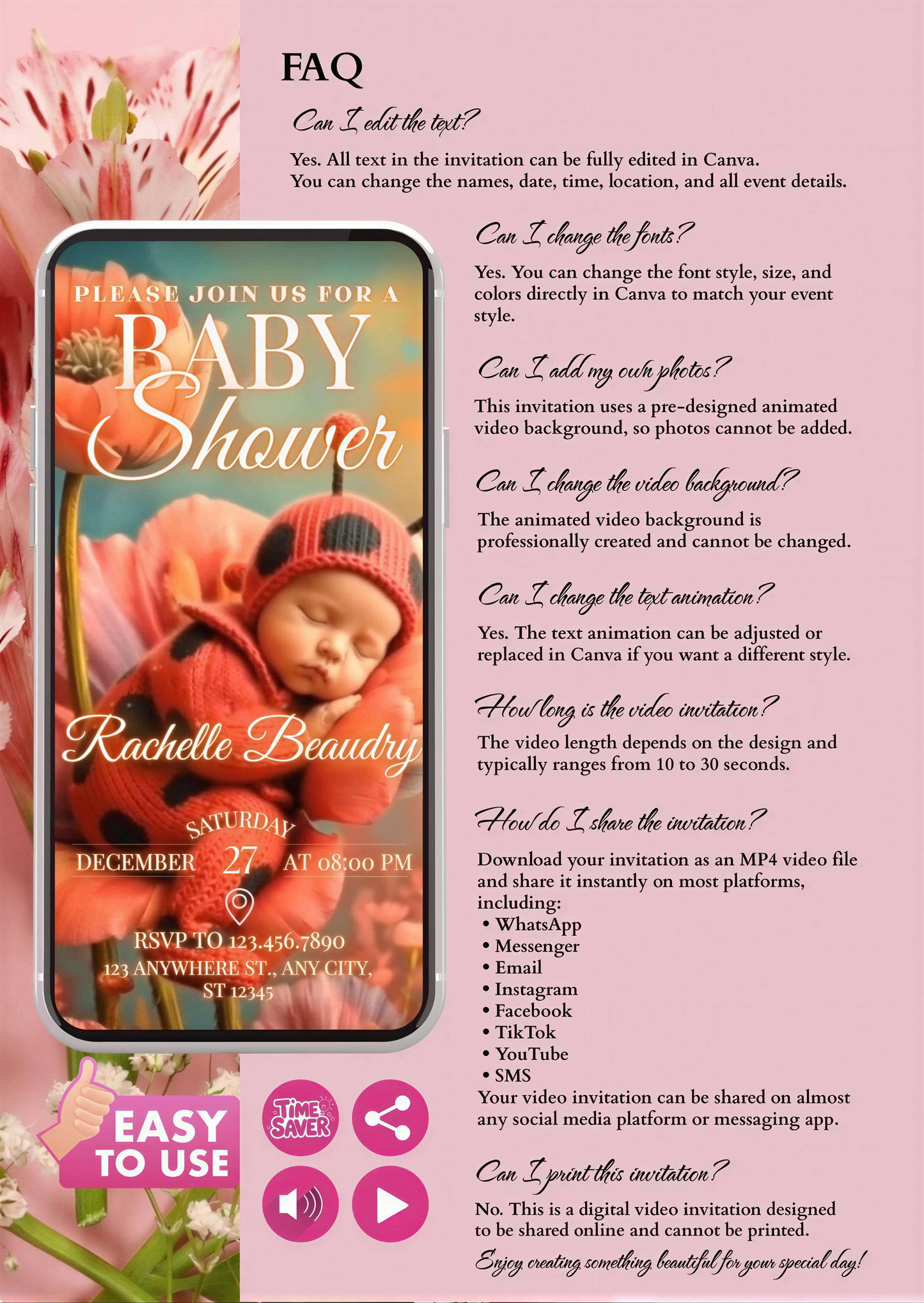 Ladybug Baby Shower Invitation – Editable MP4 Video Invite Template with floral design and baby in a pink-themed background.