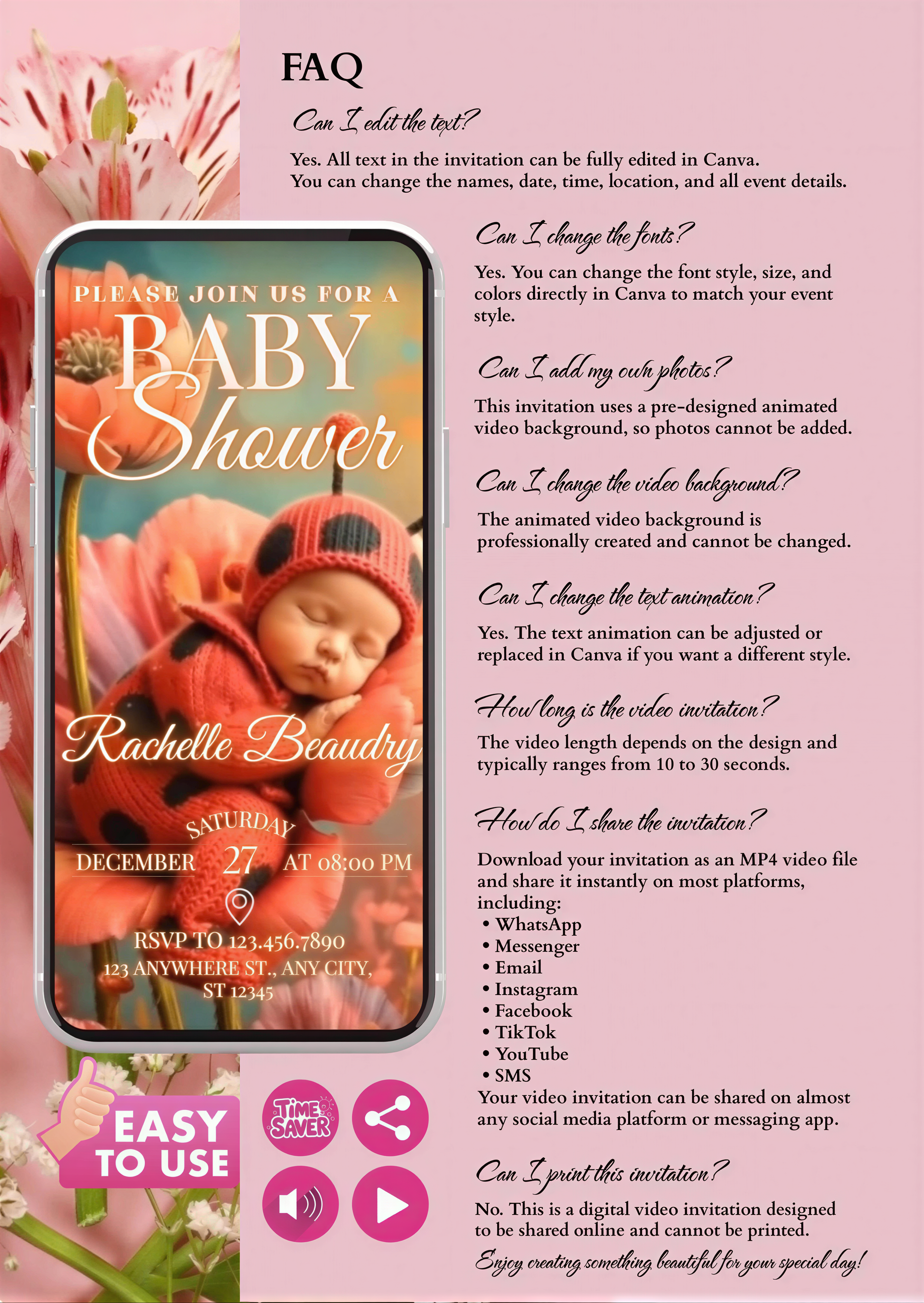 Ladybug Baby Shower Invitation – Editable MP4 Video Invite Template with floral design and baby in a pink-themed background.