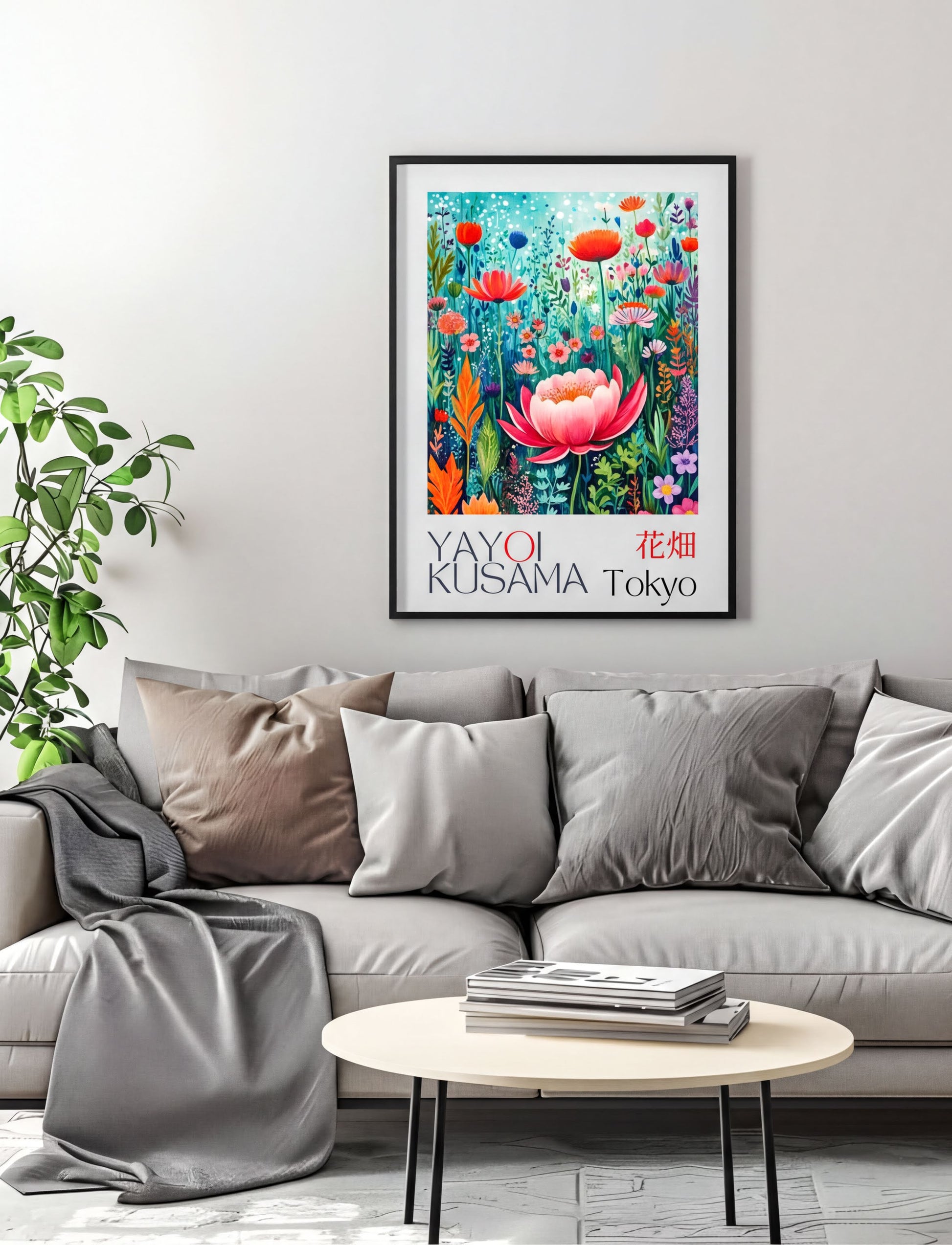 Yayoi Kusama Art – vibrant wildflower print in a living room setting, showcasing floral wall art and modern decor.