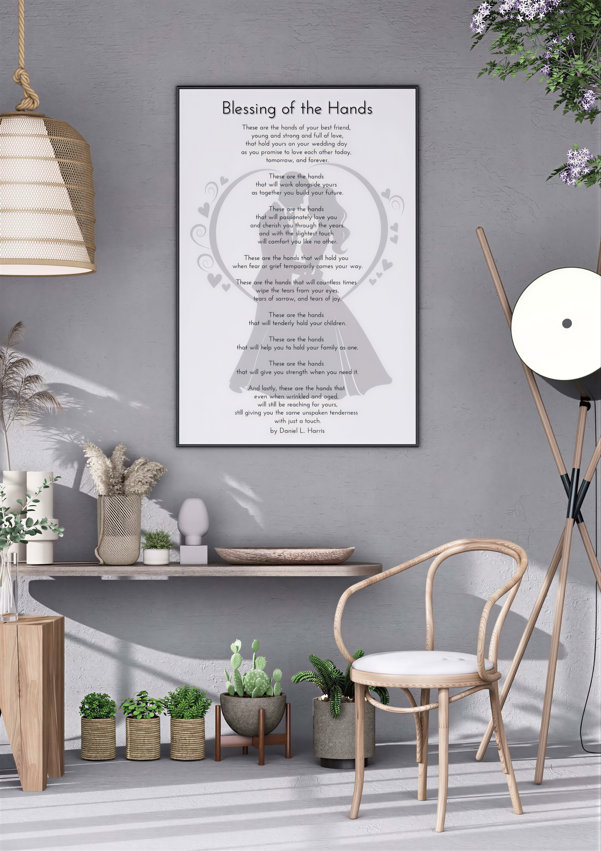 Wedding Blessing Poem framed art print featuring the Blessing of the Hands poem in an elegant decor setting.
