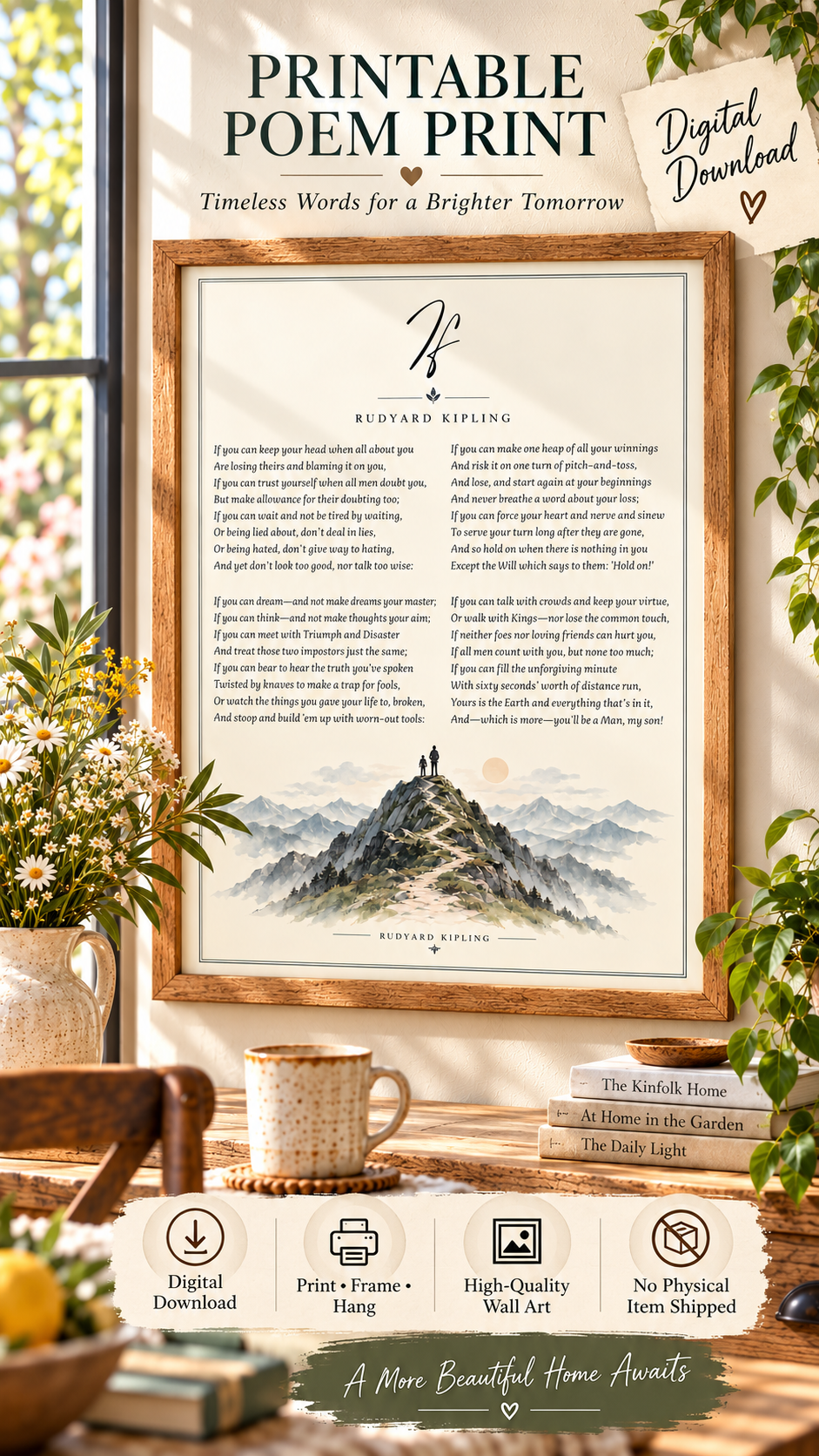 If Poem Printable Wall Art featuring Rudyard Kipling's poem and a beautiful mountain illustration in a cozy setting.