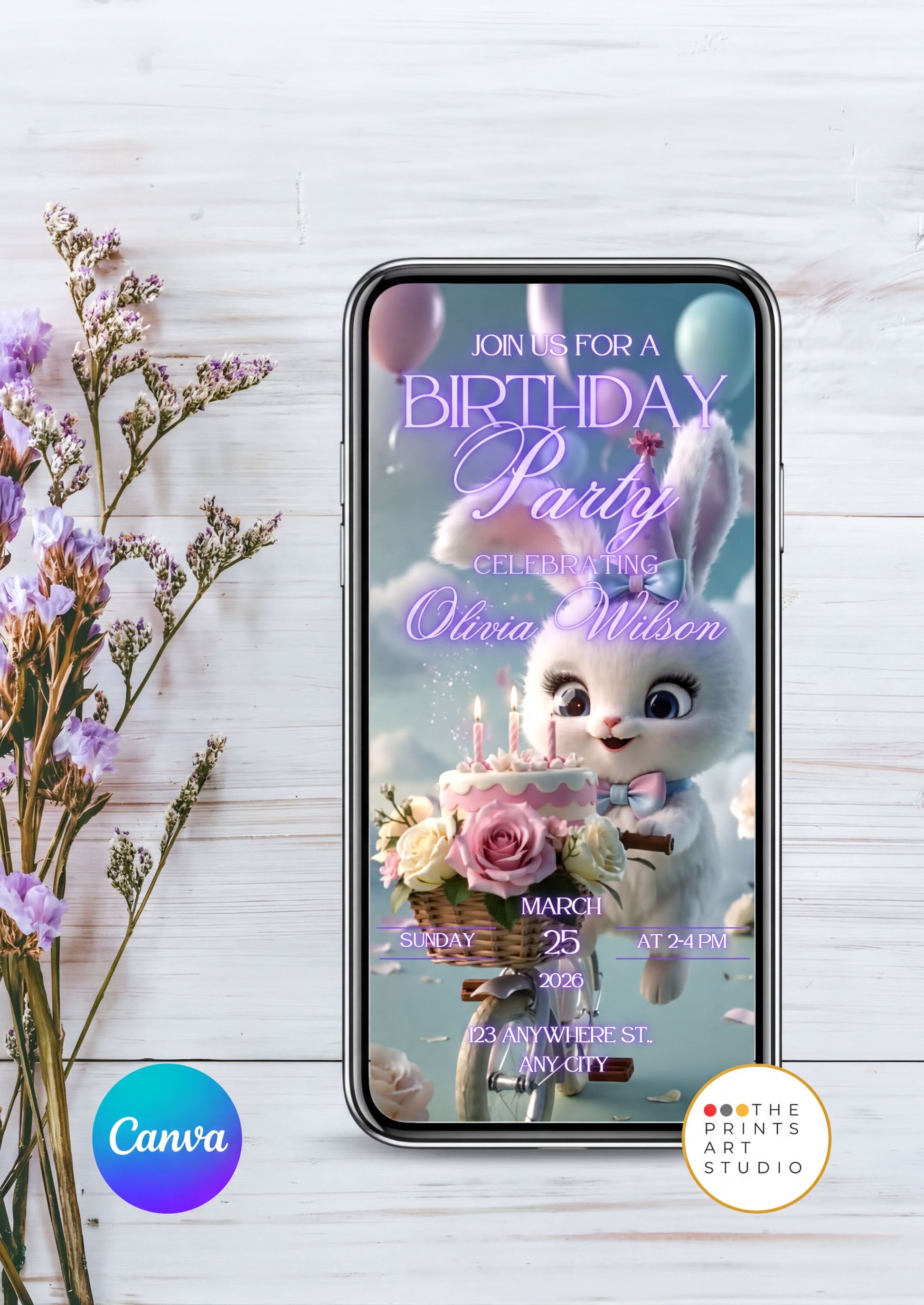 Cute Bunny Birthday Video Invitation displayed on phone with floral background, customizable in Canva.
