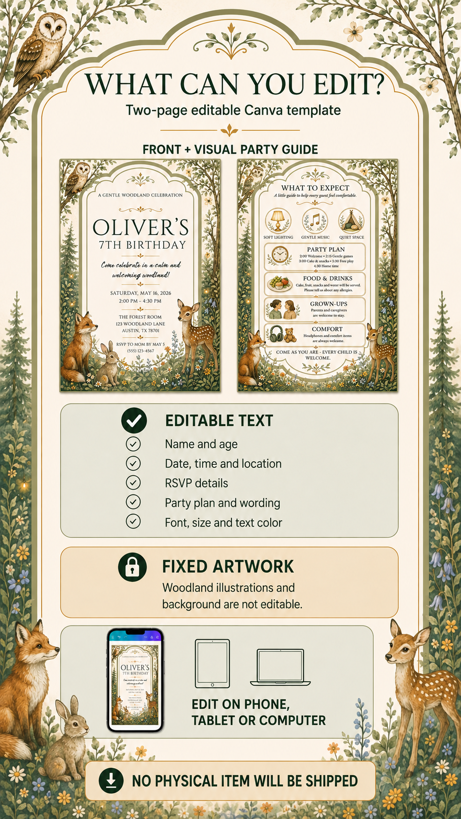 Sensory Friendly Woodland Birthday Invitation editable Canva template showcasing woodland illustrations and party guide