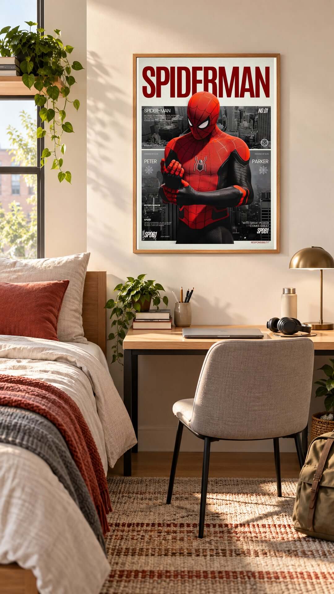 Spider-Man Printable Wall Art in a stylish bedroom setting, showcasing a vibrant superhero movie poster.