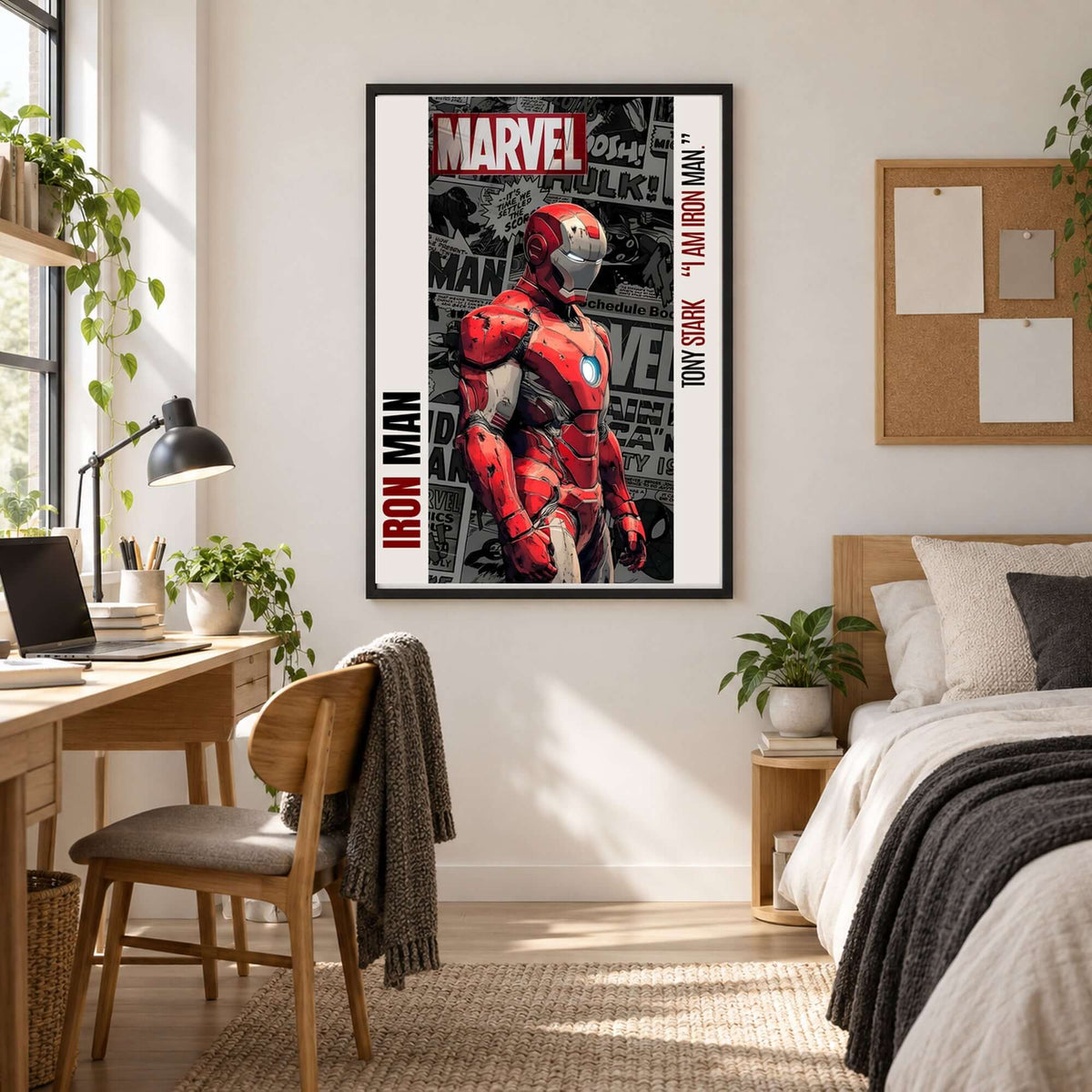 Iron Man Printable Wall Art featuring iconic character in red-and-gold armor in a stylish home decor setting.