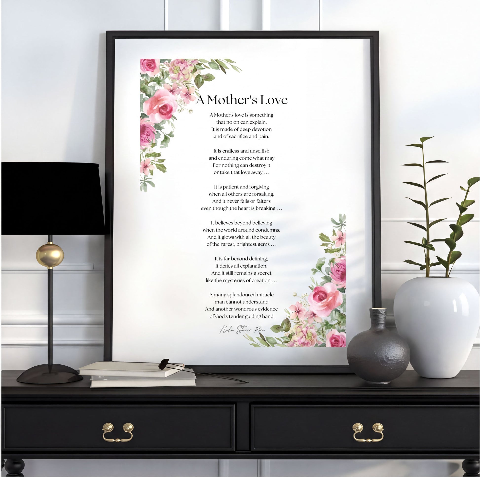 Mothers Love Poem Print displayed as elegant floral wall art in a cozy living room setting.