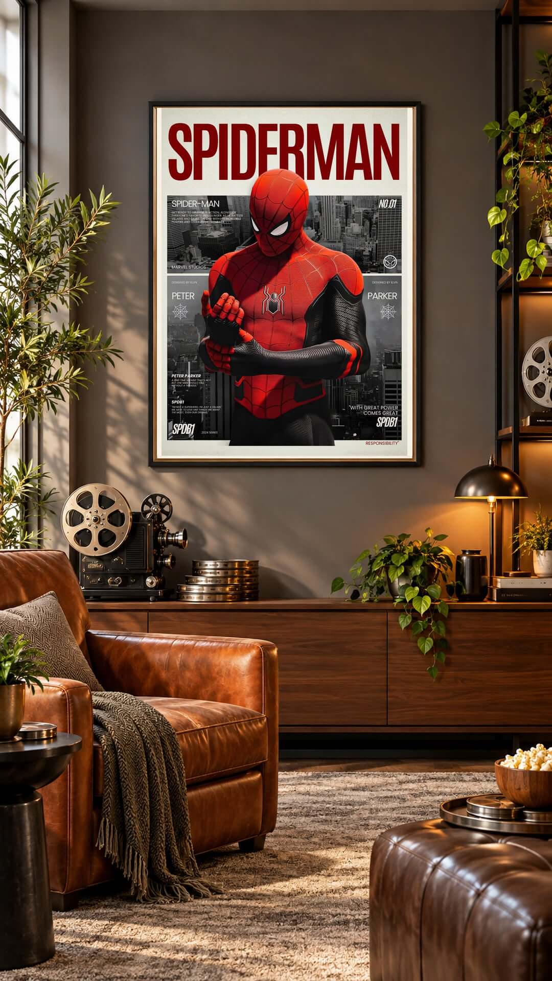 Spider-Man Printable Wall Art displayed in a stylish living room setting, showcasing a dynamic superhero theme.