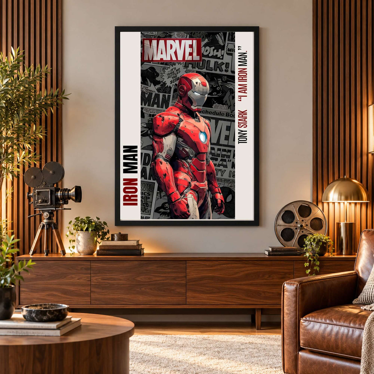 Iron Man Printable Wall Art featuring Iron Man in red-and-gold armor against a comic-inspired background.