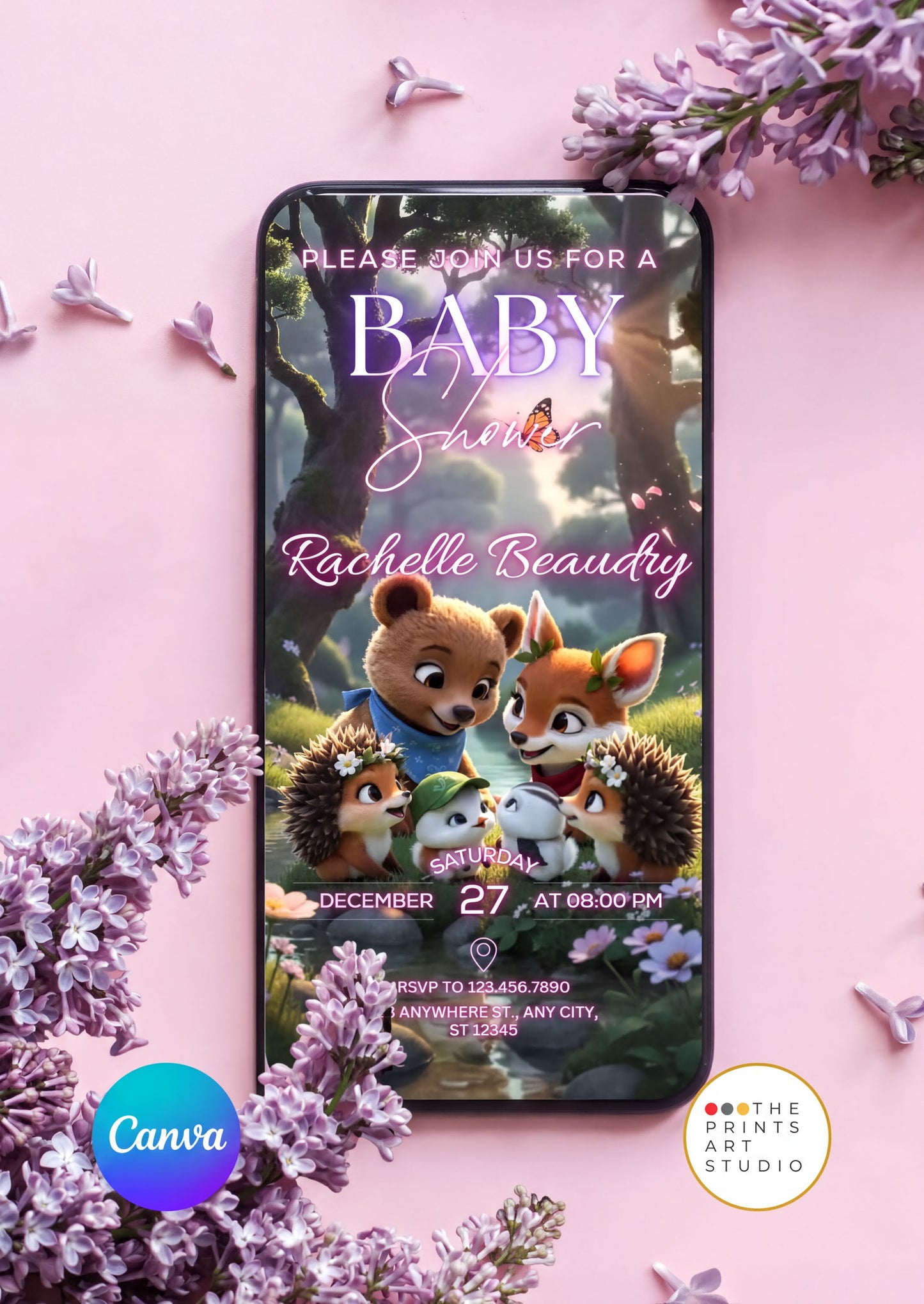 Editable Baby Shower Invitation featuring adorable woodland animals and customizable video announcement.