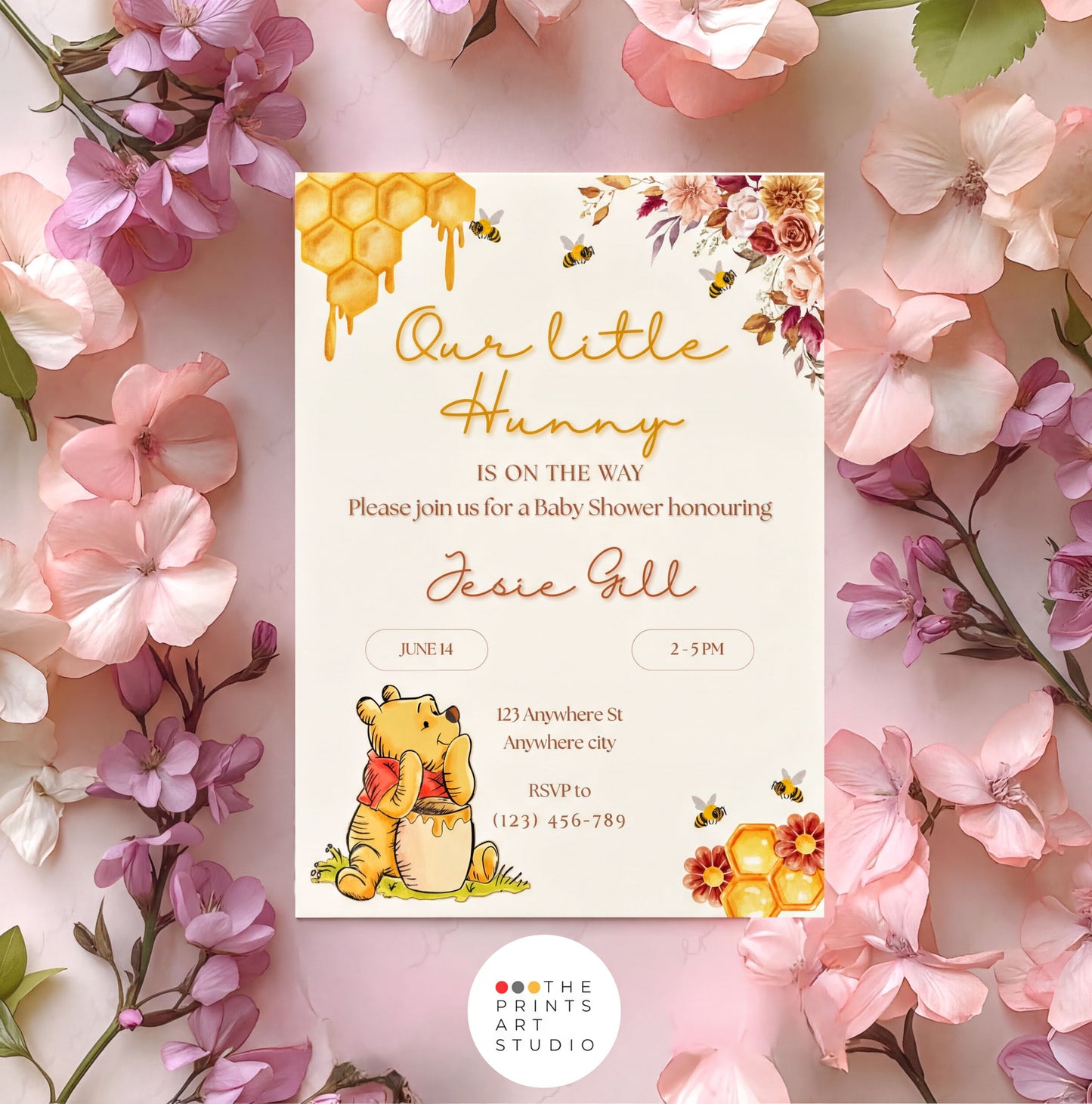 Winnie the Pooh Invitation for a baby shower featuring Pooh and floral designs, editable template for customization.