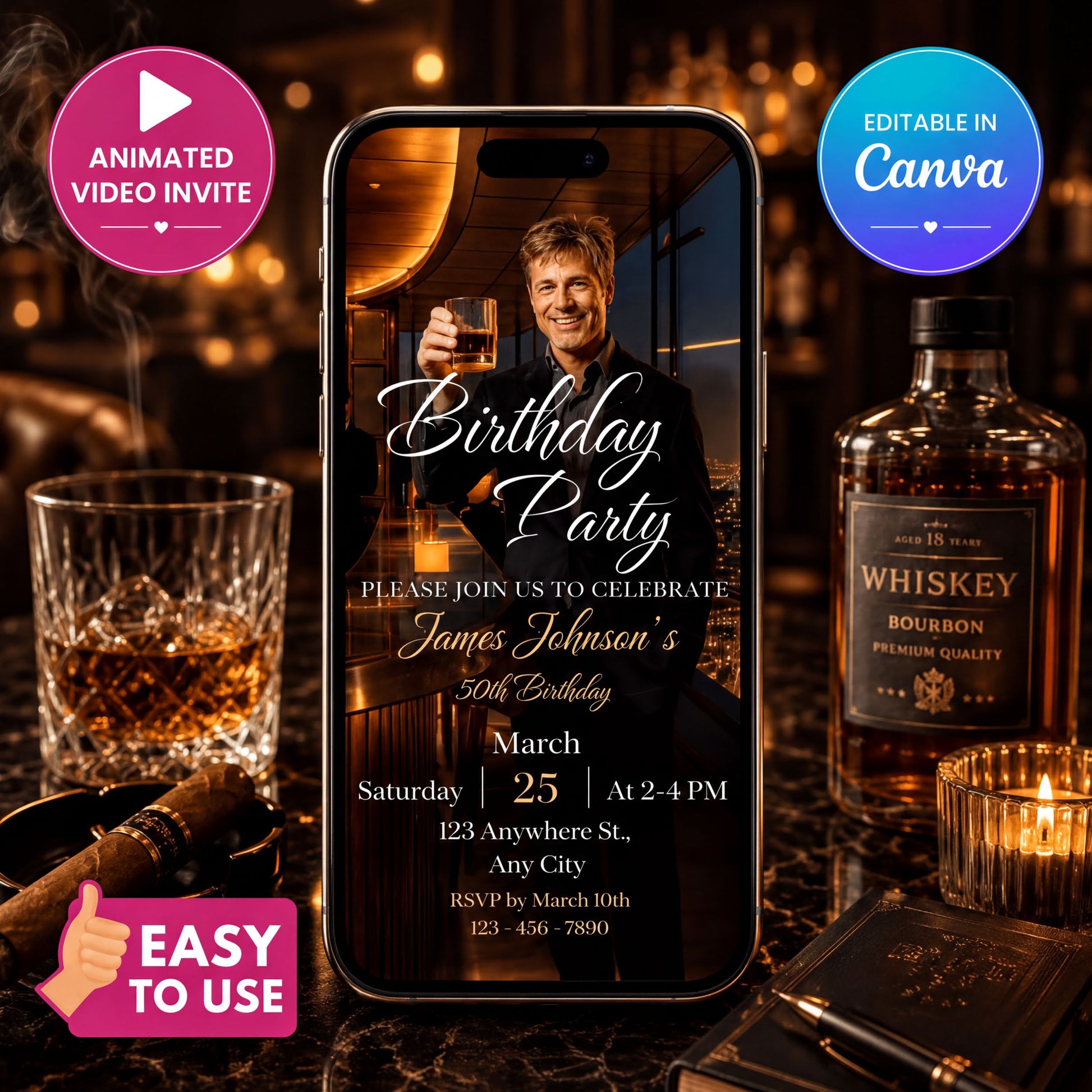 Whiskey Birthday Invitation featuring elegant bar scene and gentleman raising a toast for milestone celebrations.