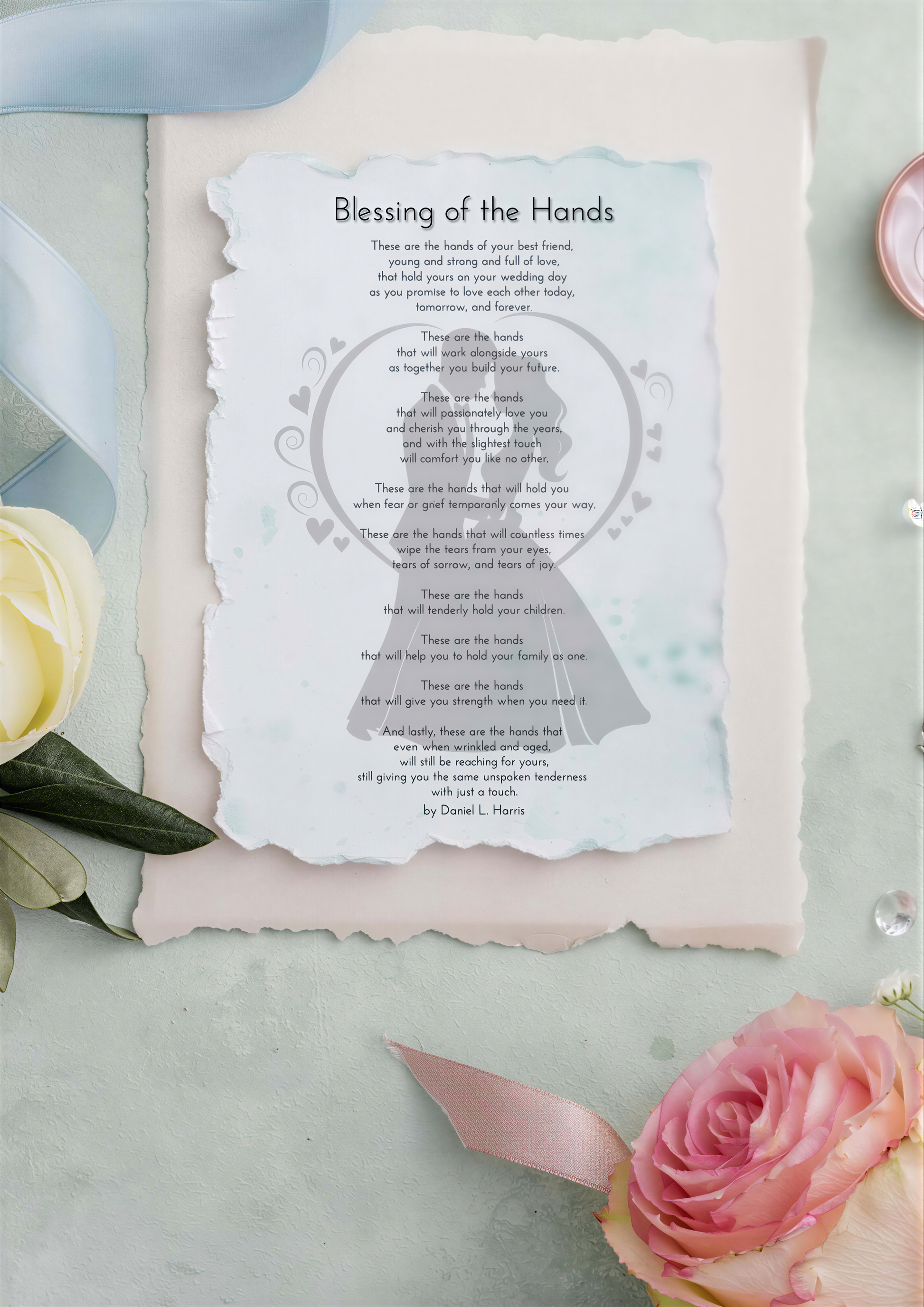 Wedding Blessing Poem elegantly displayed on textured paper with floral decor and soft pastel colors.