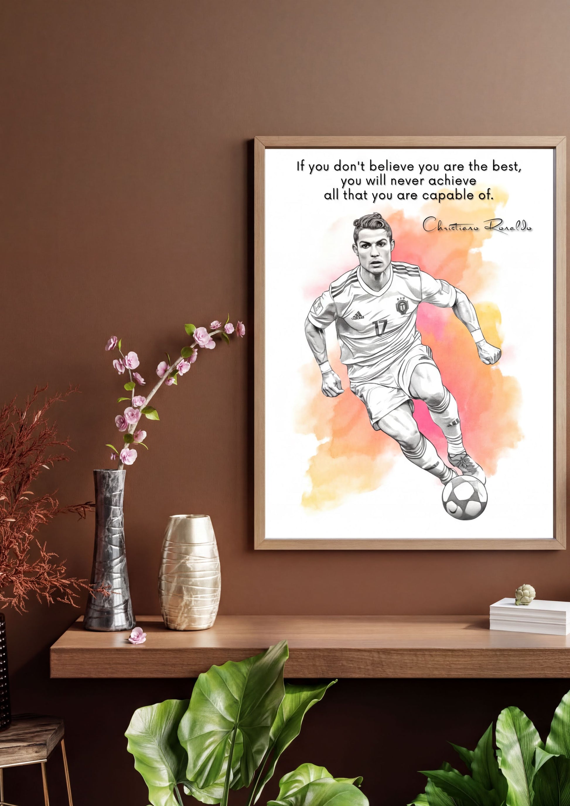 Cristiano Ronaldo Quote Print featuring motivational wall art with a vibrant illustration and inspiring quote.