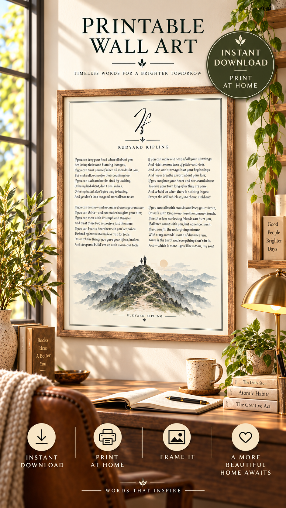 If Poem Printable Wall Art featuring Rudyard Kipling's poem and mountain illustration in a cozy home setting.