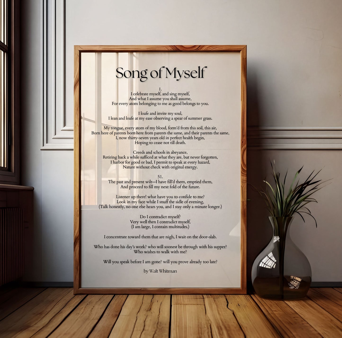 Song of Myself Print in a wooden frame, featuring Walt Whitman's inspirational poetry as wall decor.