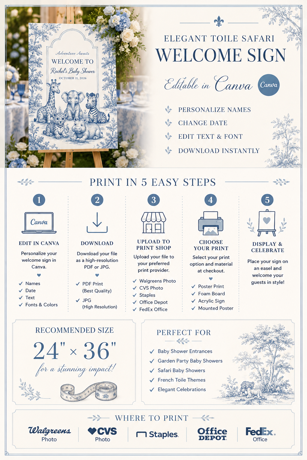 Baby shower welcome sign with elegant blue toile safari theme, editable in Canva, featuring cute safari animals.