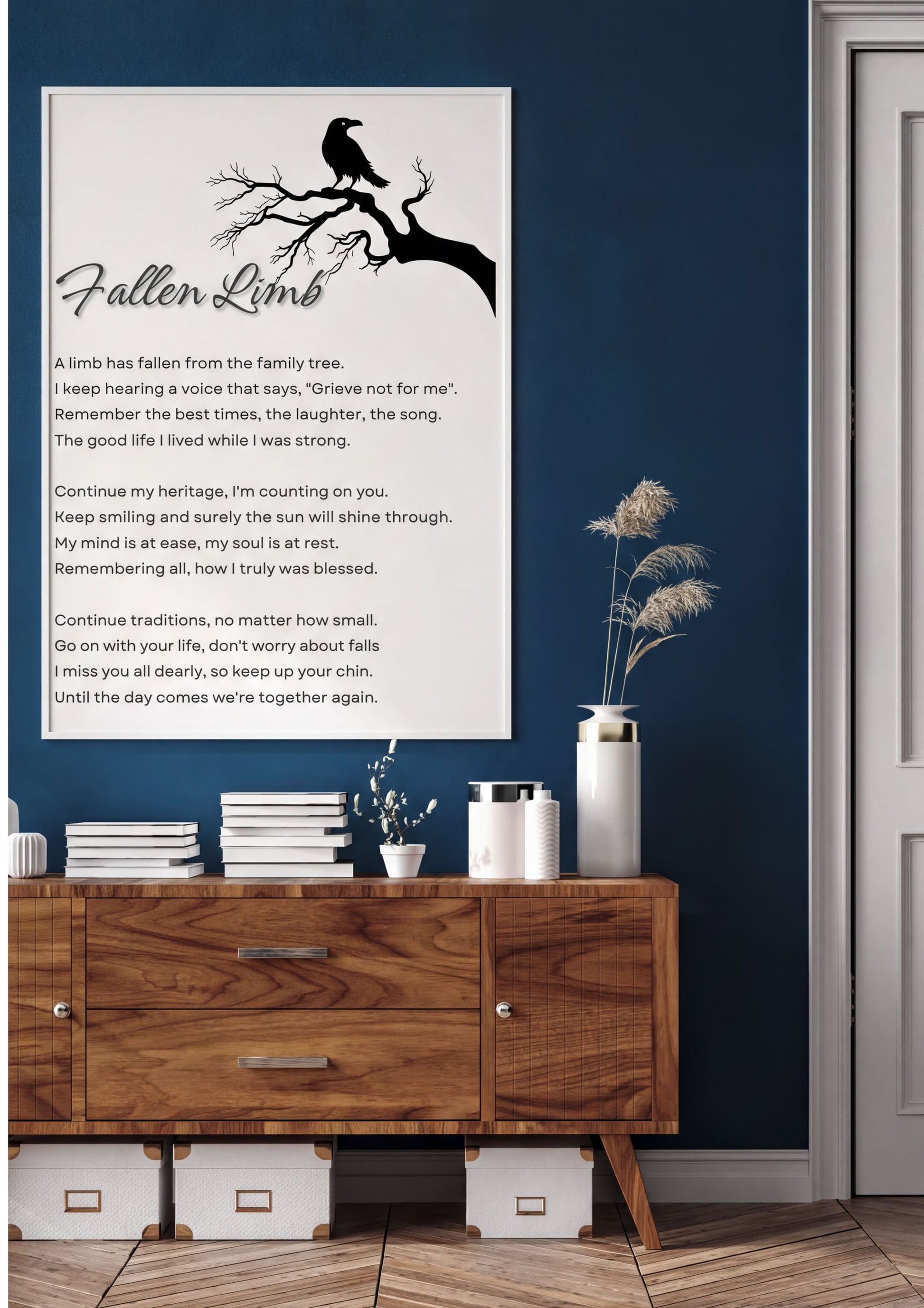 Memorial Poem Fallen Limb digital art print displayed in a cozy living room setting.