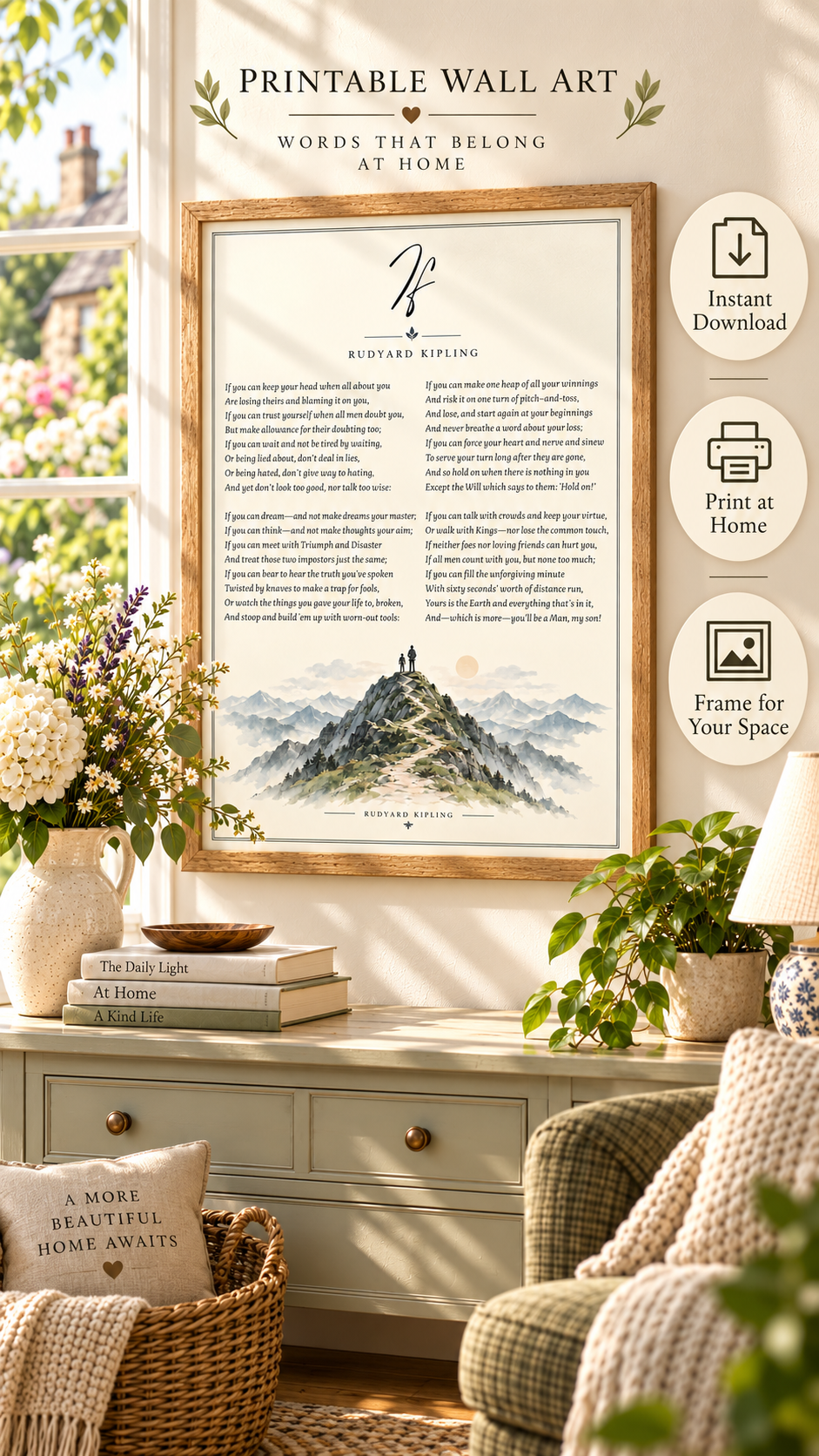 If Poem Printable Wall Art featuring Rudyard Kipling's poem with a mountain illustration in a cozy home setting.