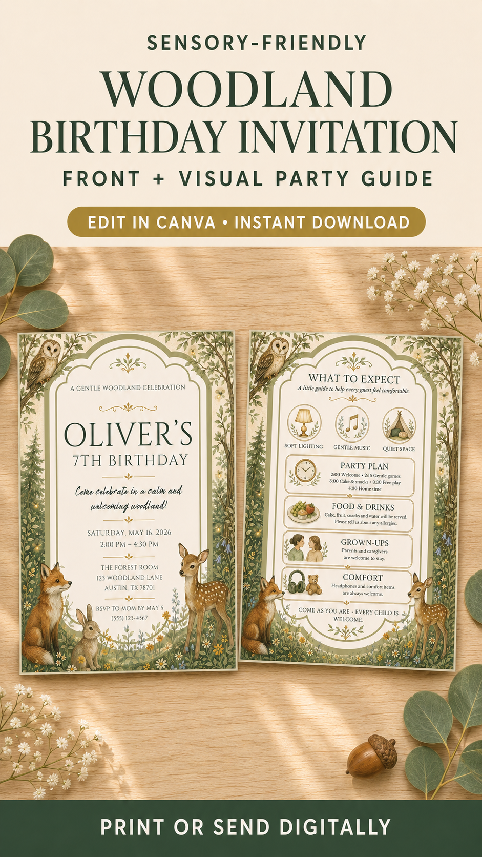 Sensory Friendly Woodland Birthday Invitation featuring calm design and visual party guide for Oliver's 7th birthday.