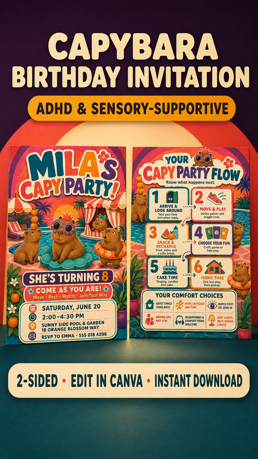 Sensory Friendly Capybara Birthday Invitation showcasing a colorful design for a birthday celebration.