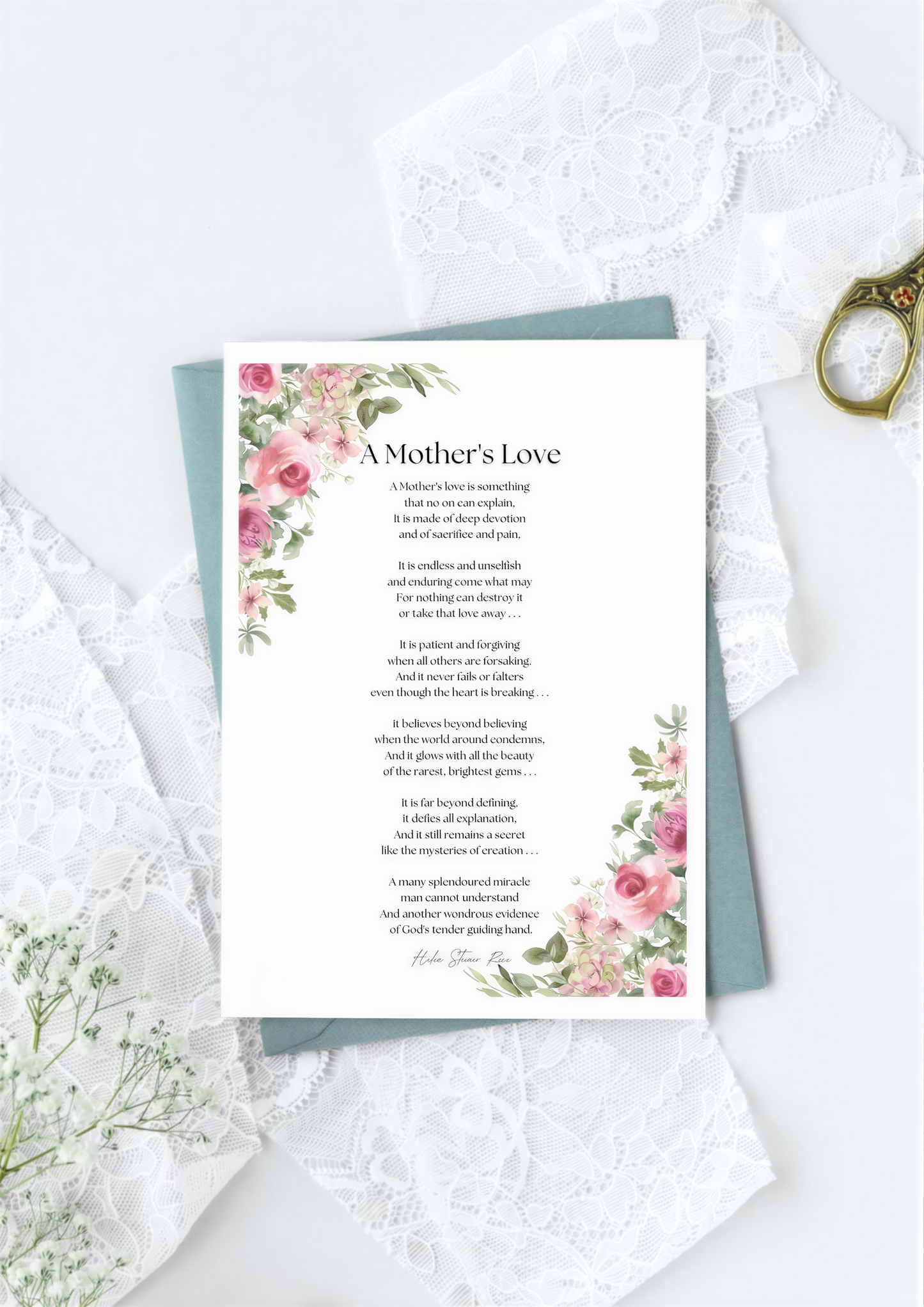 Mothers Love Poem Print showcasing elegant floral design and heartfelt text on a decorative background, perfect for wall art.