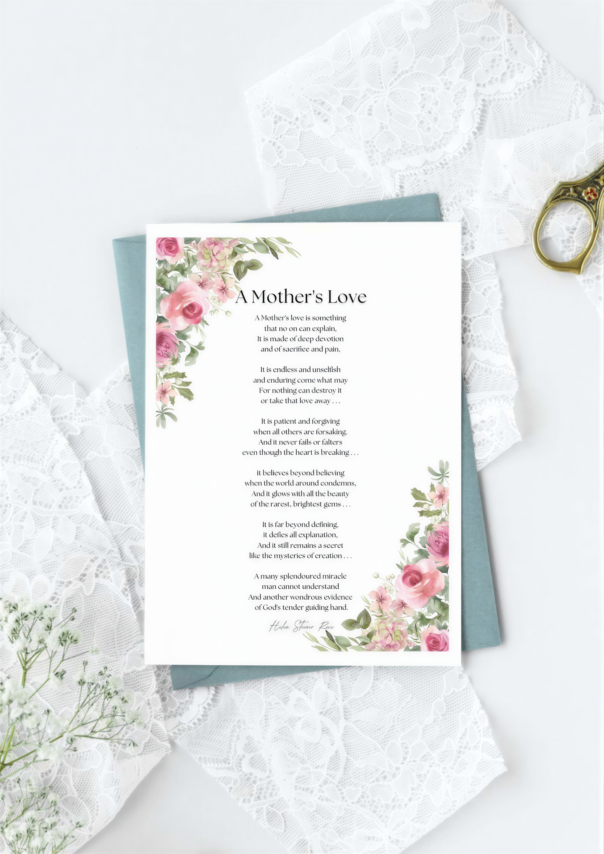 Mothers Love Poem Print showcasing elegant floral design and heartfelt text on a decorative background, perfect for wall art.
