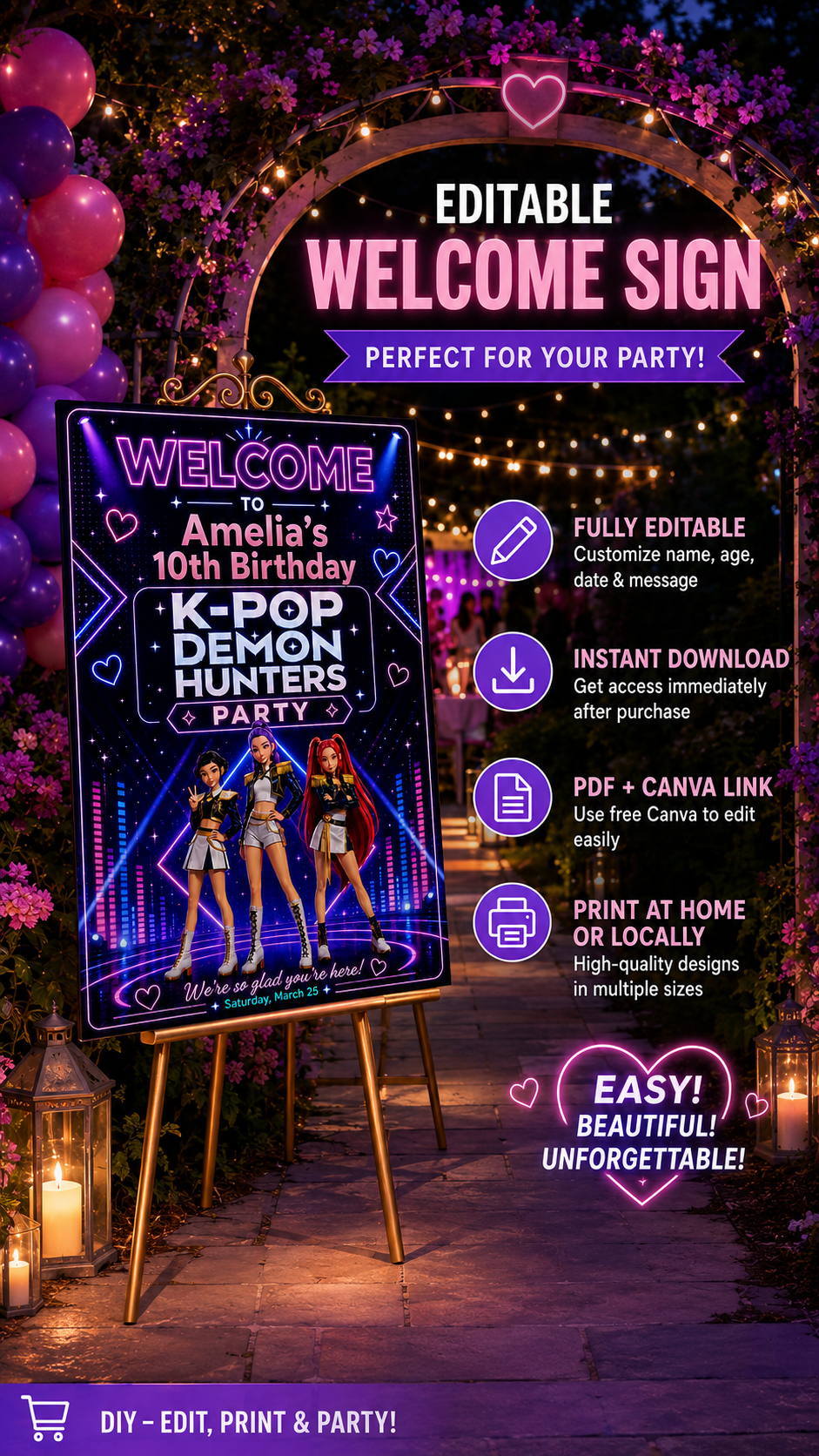 Kpop Demon Hunters Welcome Sign for birthday party, featuring editable design with colorful graphics and celebration details.