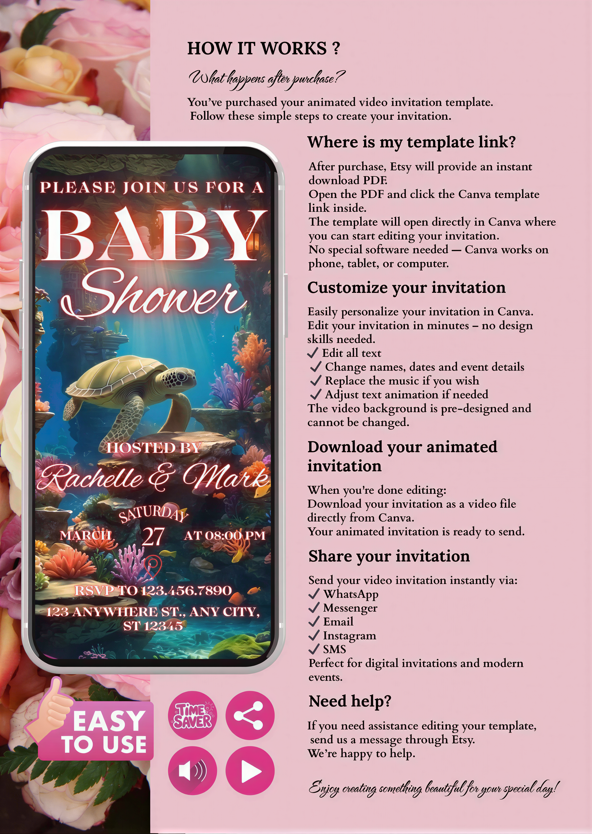Mermaid Baby Shower Video Invitation details on mobile screen with floral background.