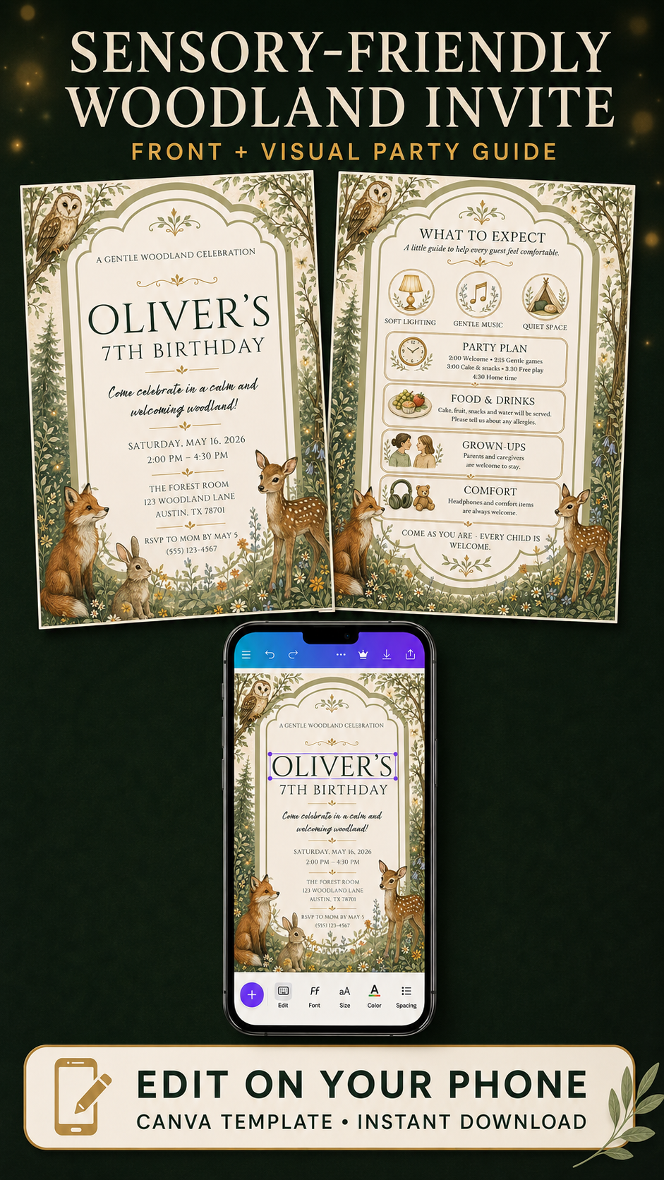 Sensory Friendly Woodland Birthday Invitation showcasing editable Canva template with birthday details and visual party guide.