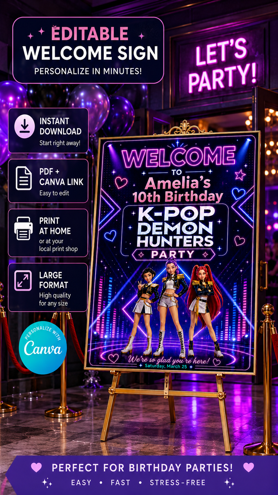 Editable Kpop Demon Hunters Welcome Sign for Amelia's 10th Birthday Party, colorful and festive design.
