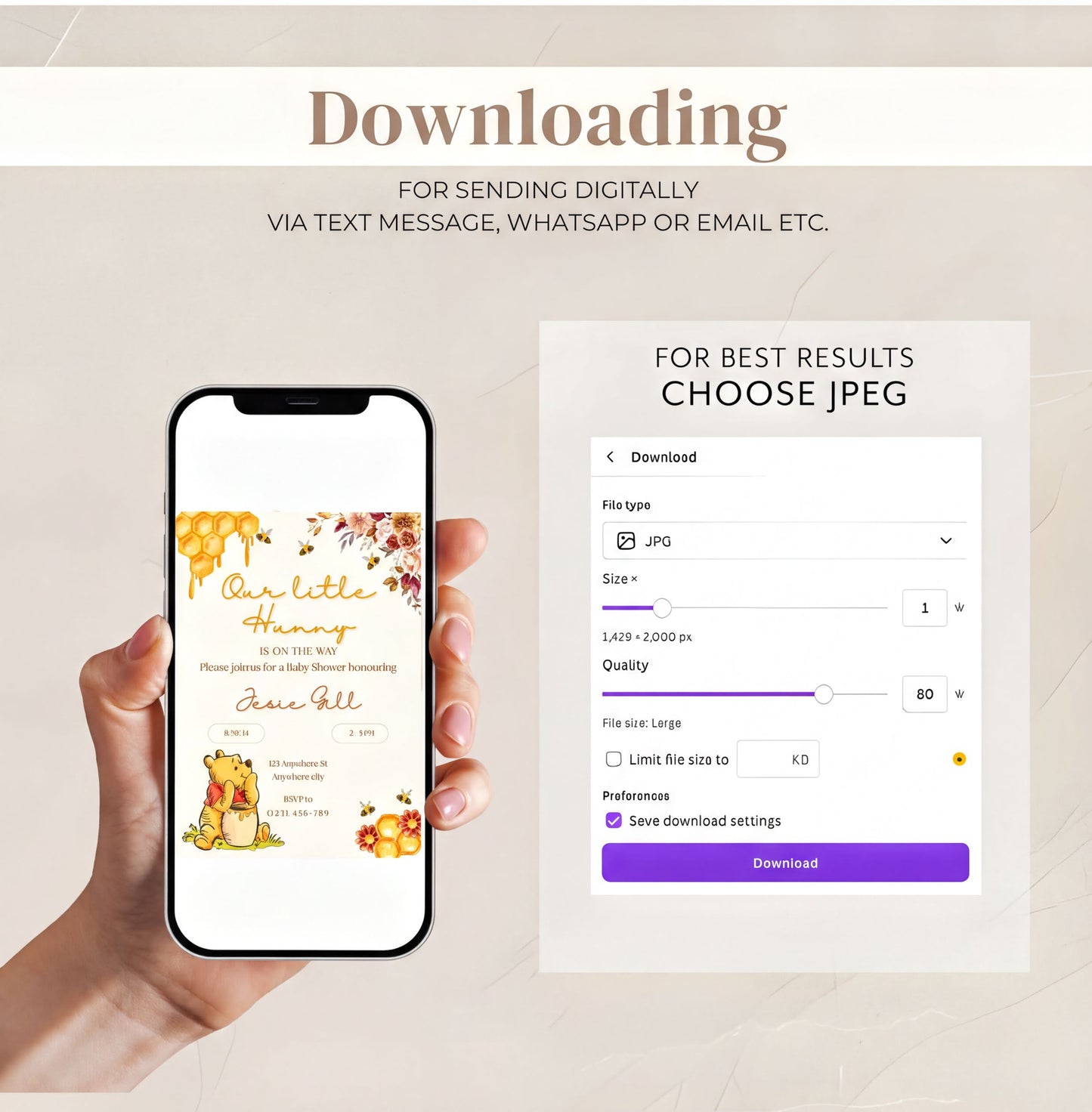Downloading Winnie the Pooh Invitation for digital sending via text, WhatsApp, or email.