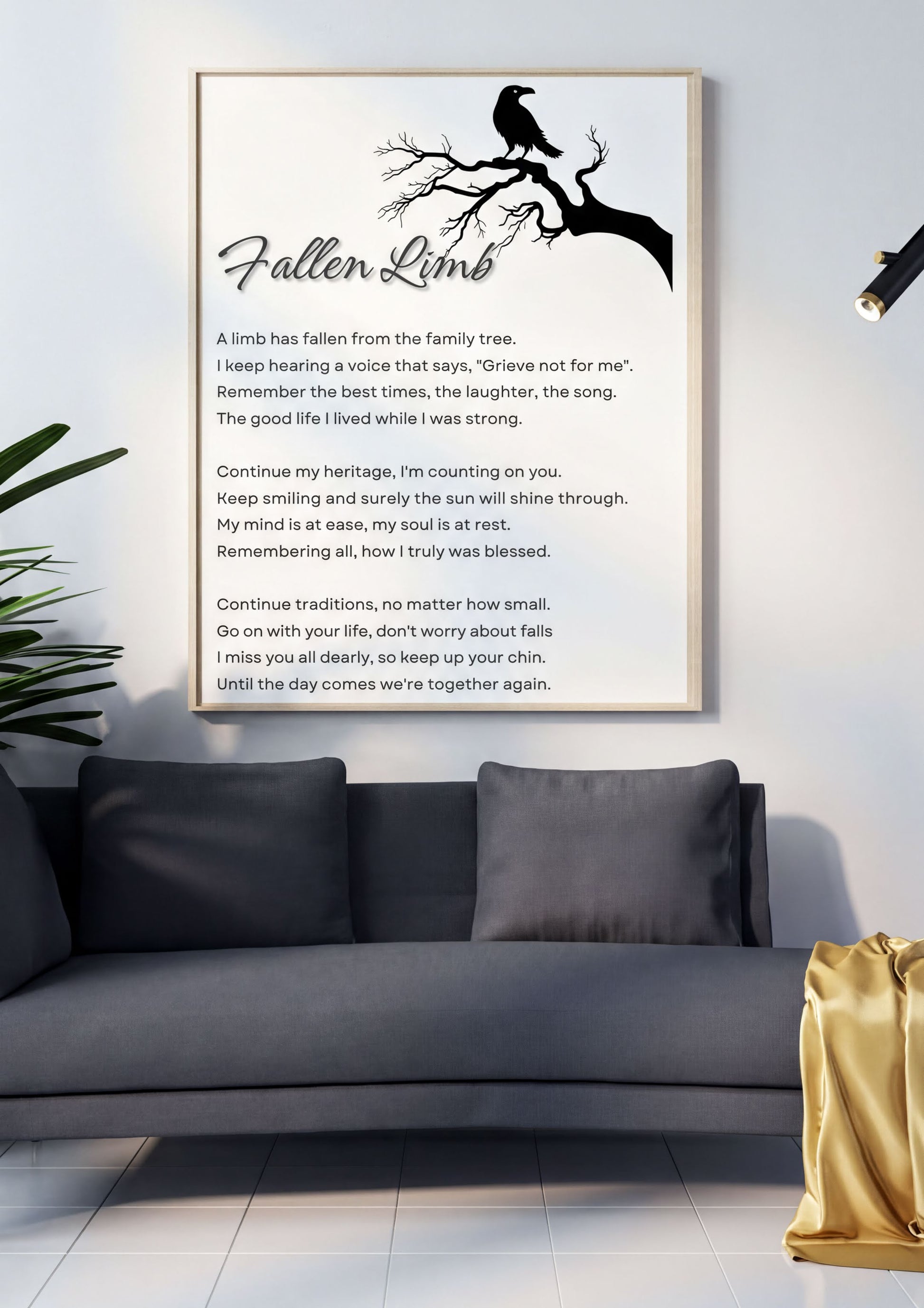Memorial Poem Fallen Limb digital memorial art in living room with tree branch and raven illustration for sympathy gift.