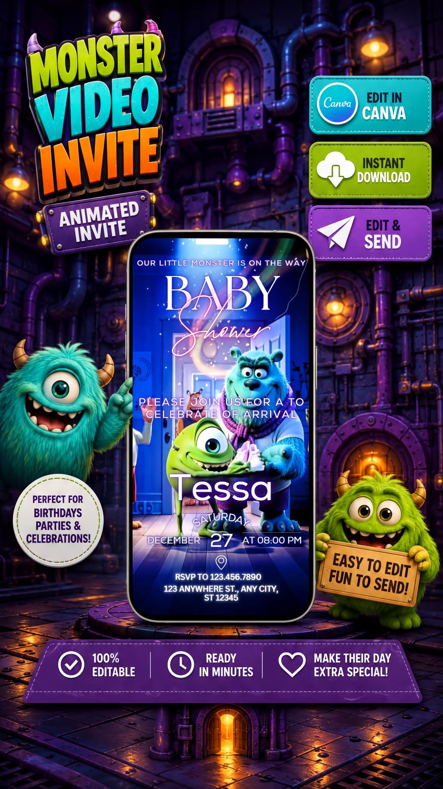 Colorful Monster Baby Shower Video Invitation featuring cute monsters and customizable text.