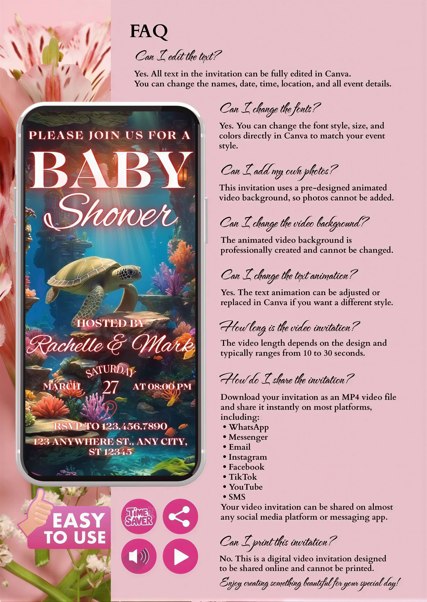 Mermaid Baby Shower Video Invitation FAQ image with editing instructions and design options