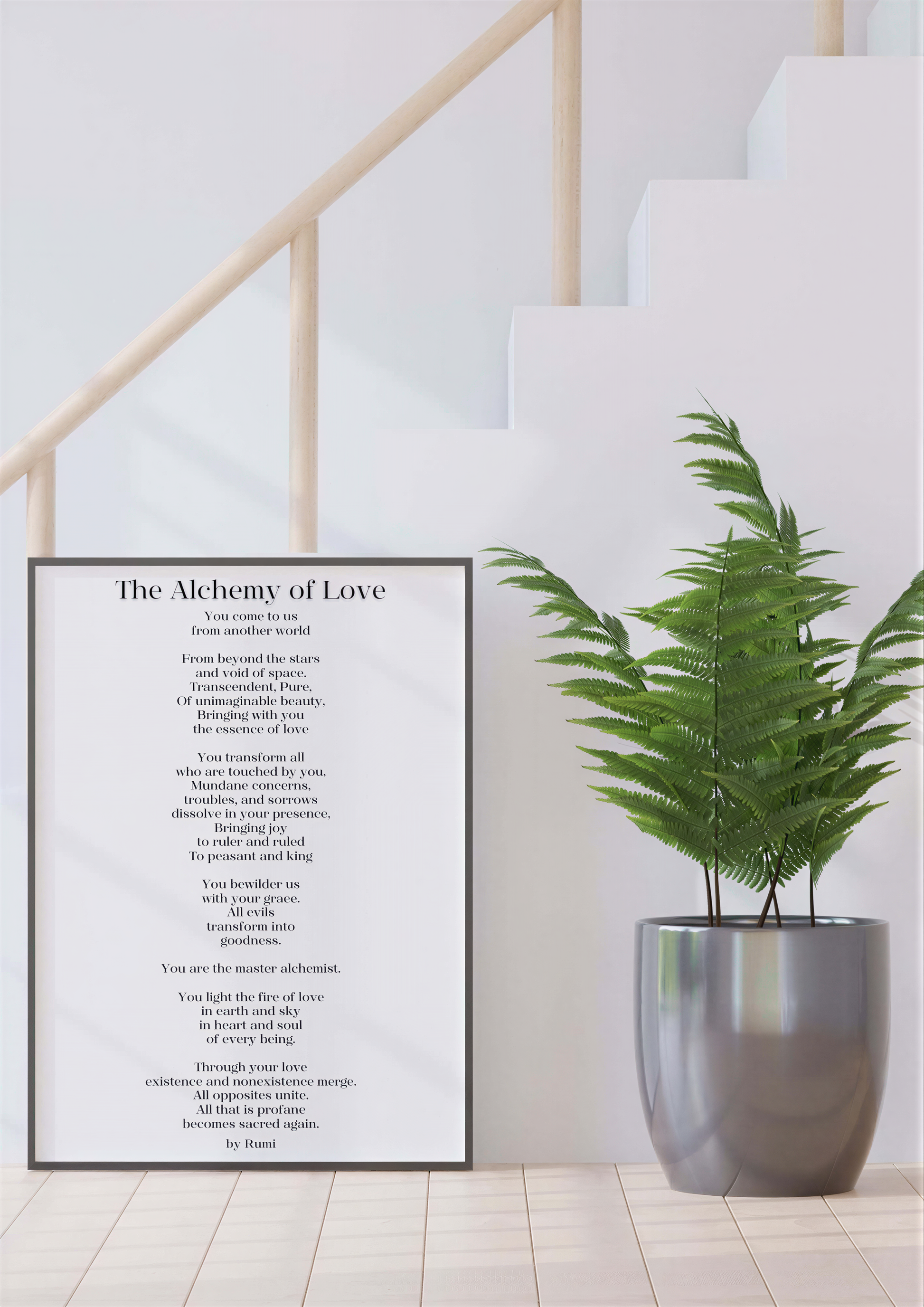 Inspirational Poetry Wall Art featuring The Alchemy of Love by Rumi displayed in a modern home setting with greenery.