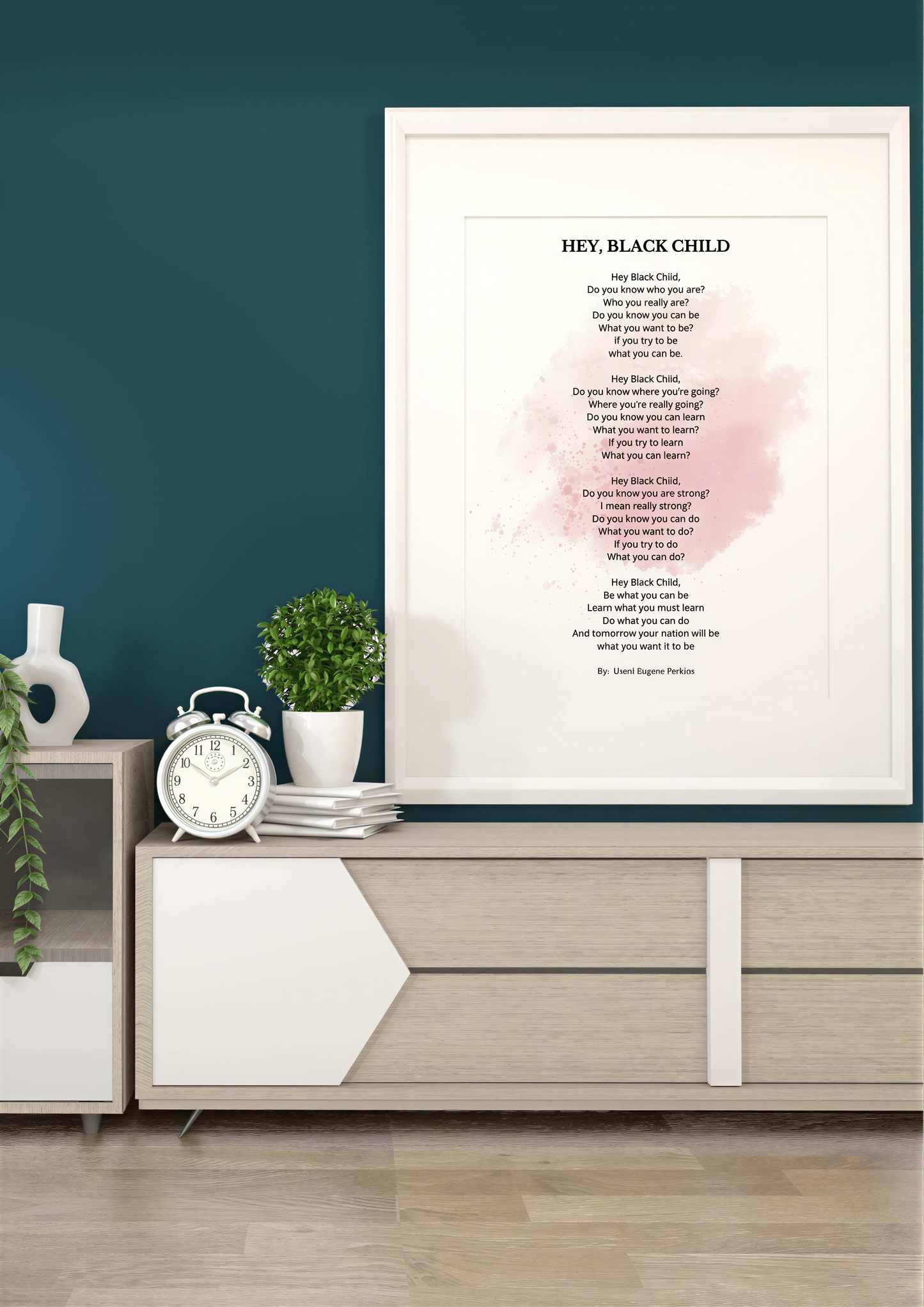 Hey Black Child Poem motivational print displayed in a stylish living room decor with clock and plant.