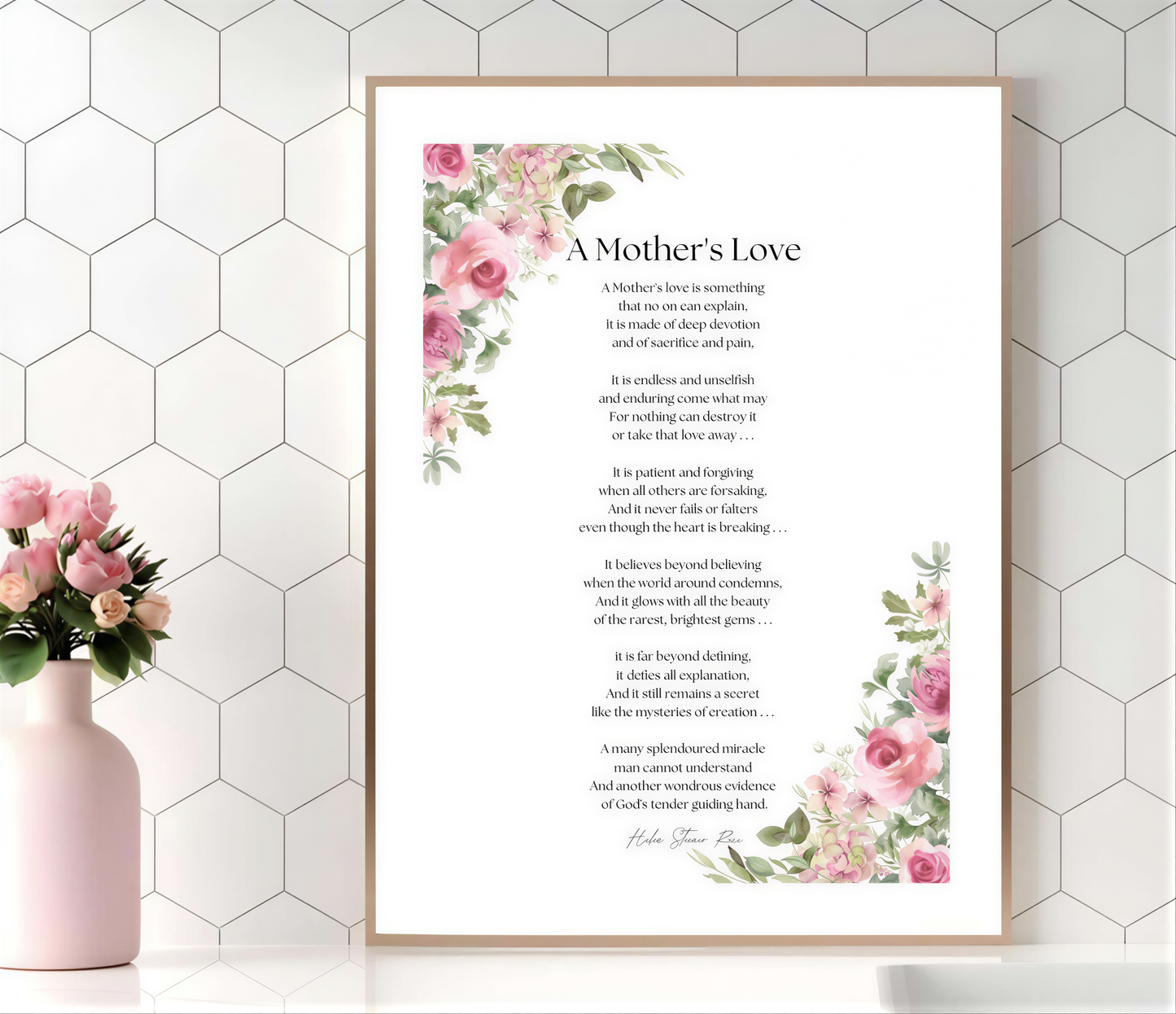 Mothers Love Poem Print featuring floral design, showcasing heartfelt poem about motherhood in elegant wall art style.