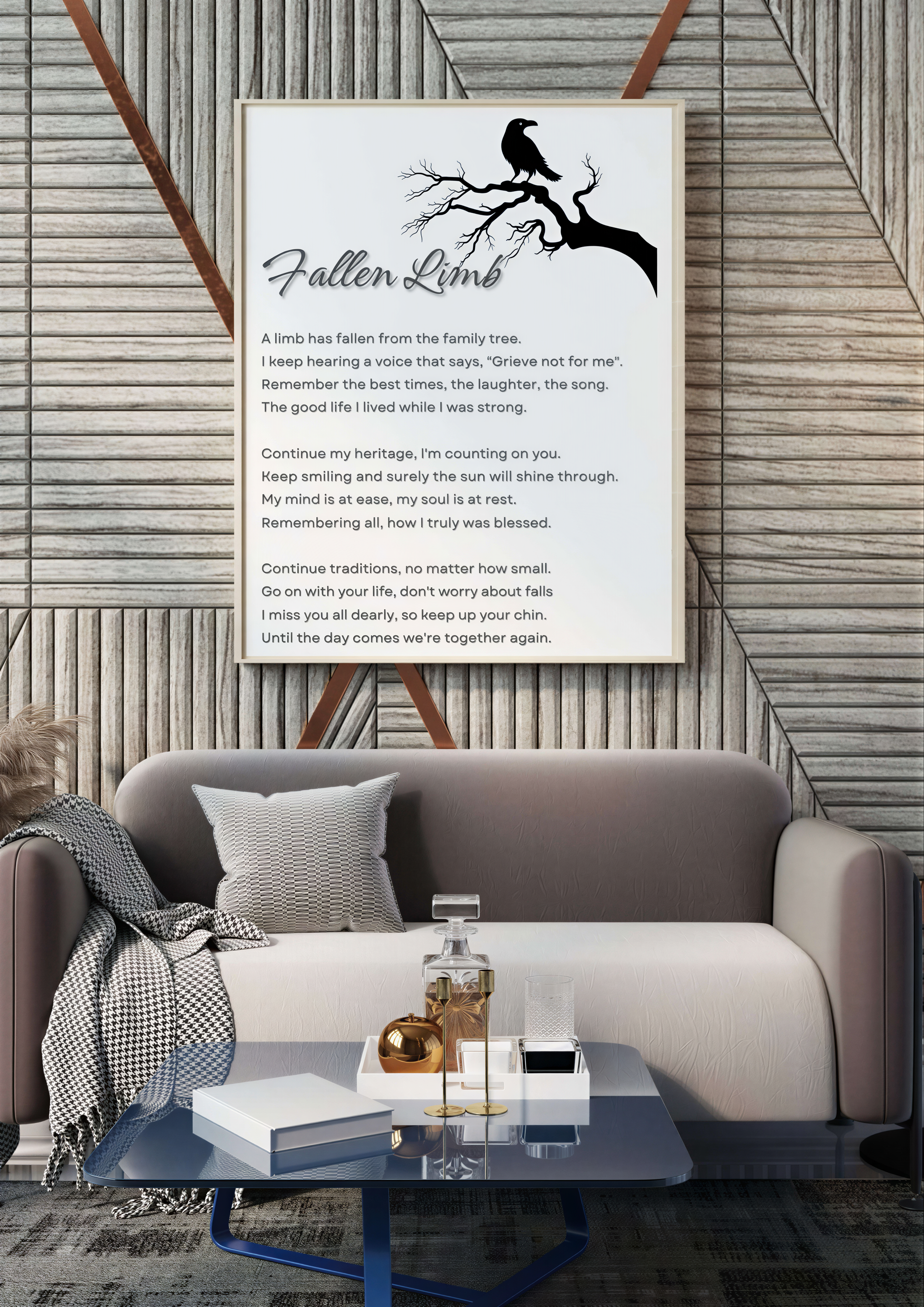 Memorial Poem Fallen Limb digital art print featuring a poetic tribute and raven illustration on a wall.