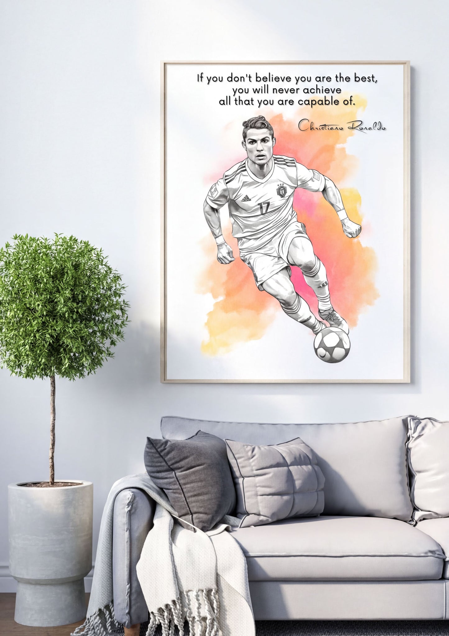 Cristiano Ronaldo Quote Print featuring motivational phrase for athletes and fans on a wall, inspiring success.