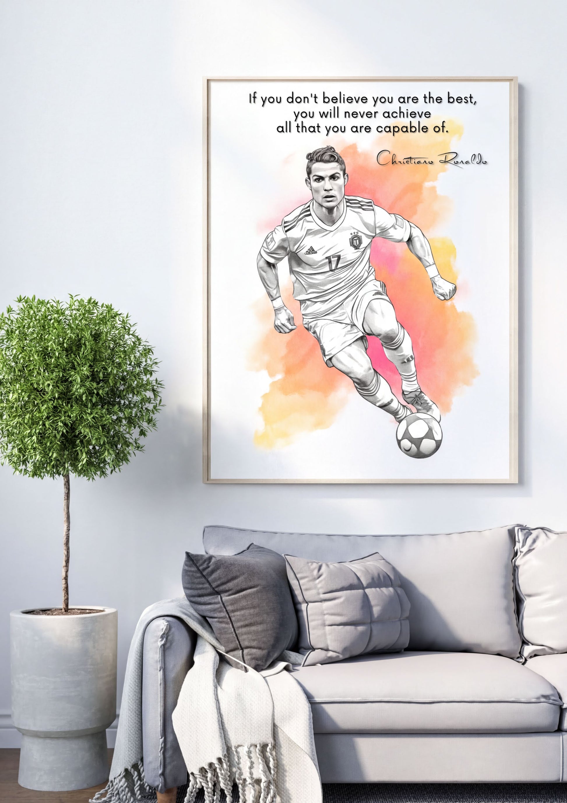Cristiano Ronaldo Quote Print featuring motivational phrase for athletes and fans on a wall, inspiring success.