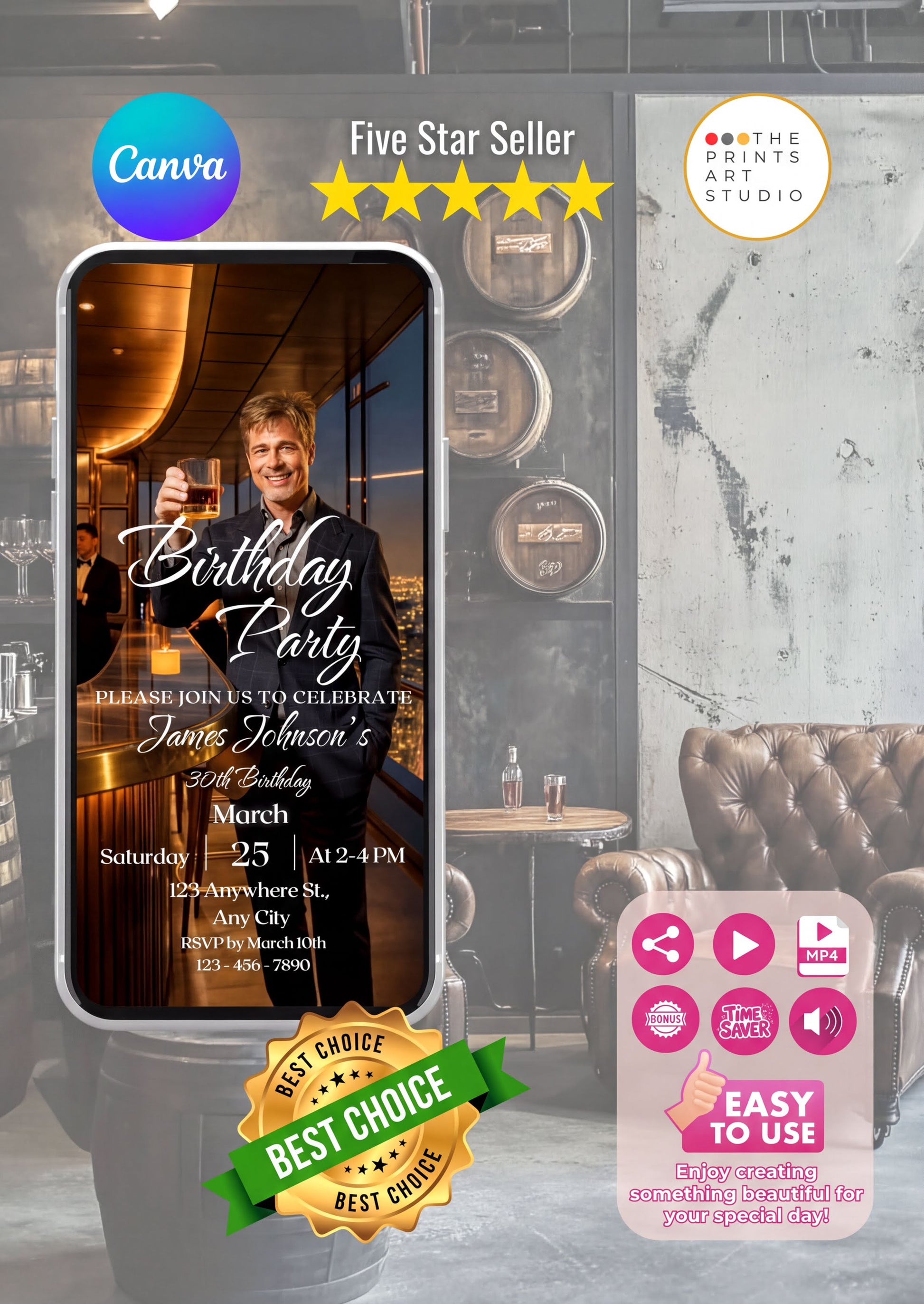 Whiskey Birthday Invitation featuring elegant bar scenes and a gentleman celebrating at a birthday party.