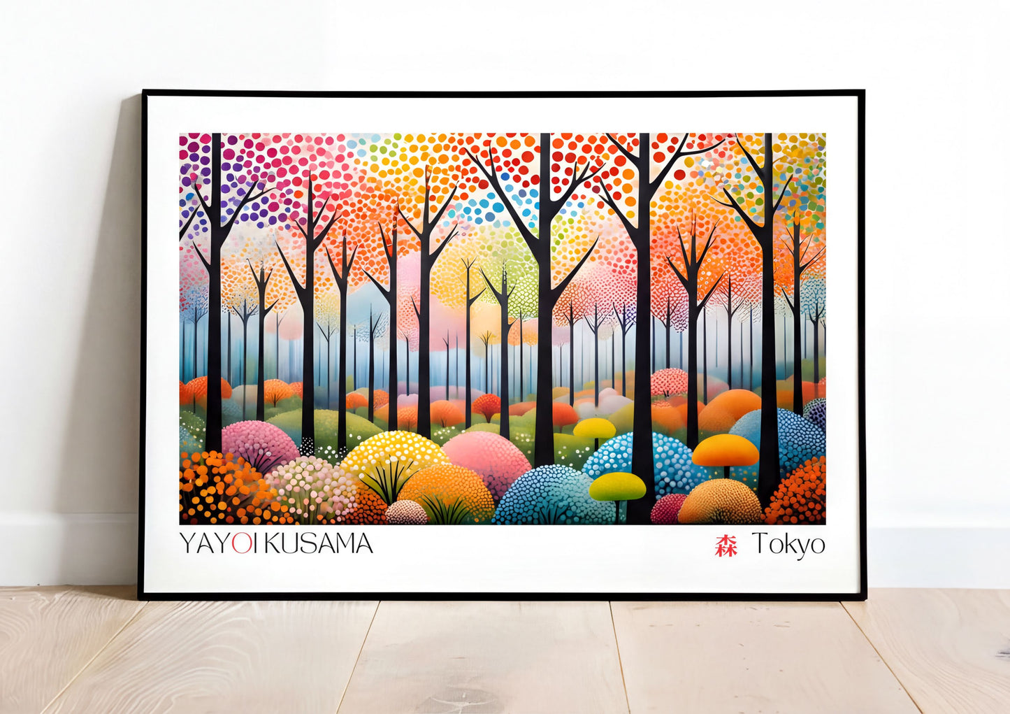 Yayoi Kusama Art print featuring colorful abstract forest with polka dots and vibrant trees, perfect for modern decor.