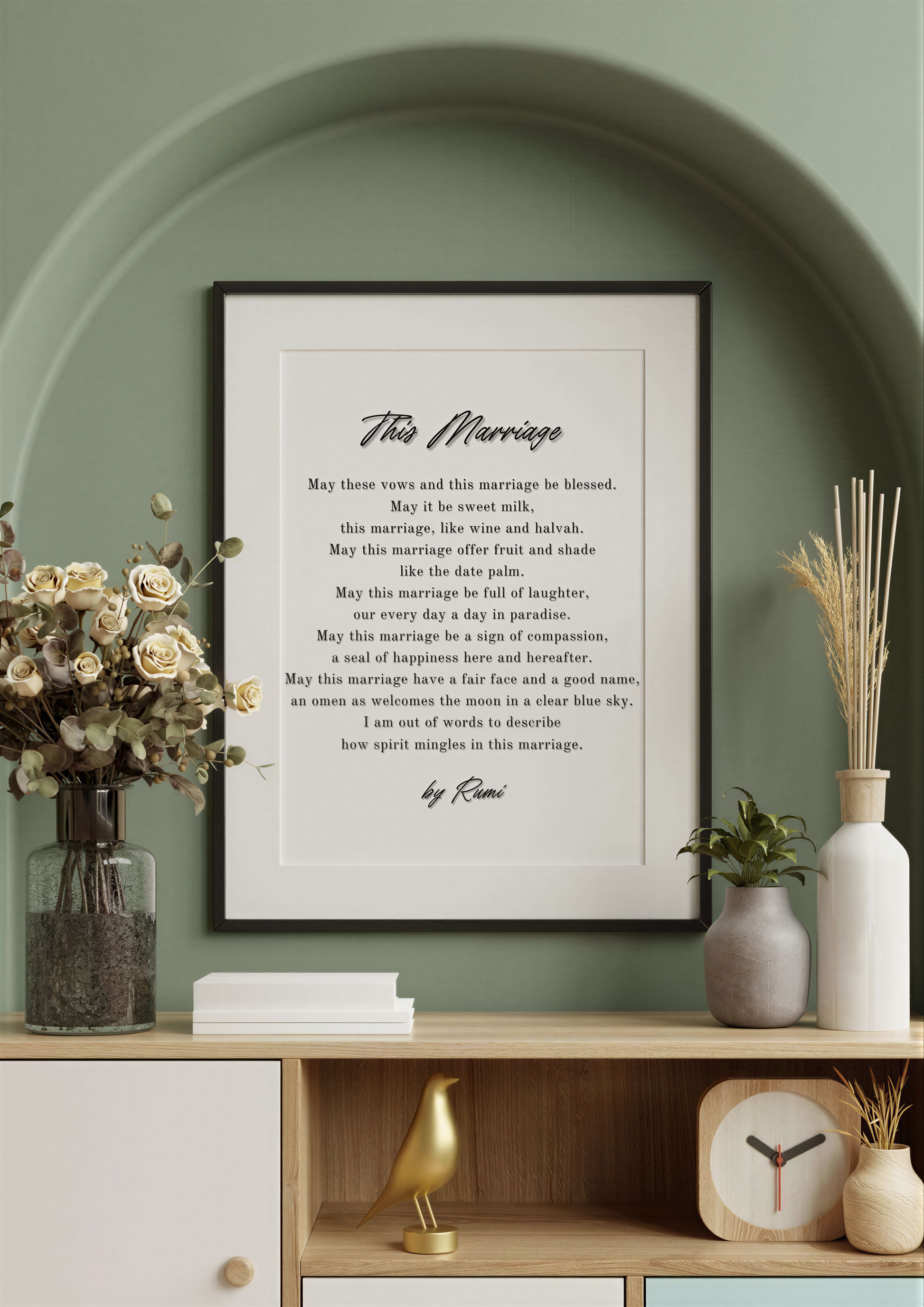Rumi Wedding Poem Art featuring Rumi's poem 'This Marriage' in elegant frame, perfect for romantic decor.