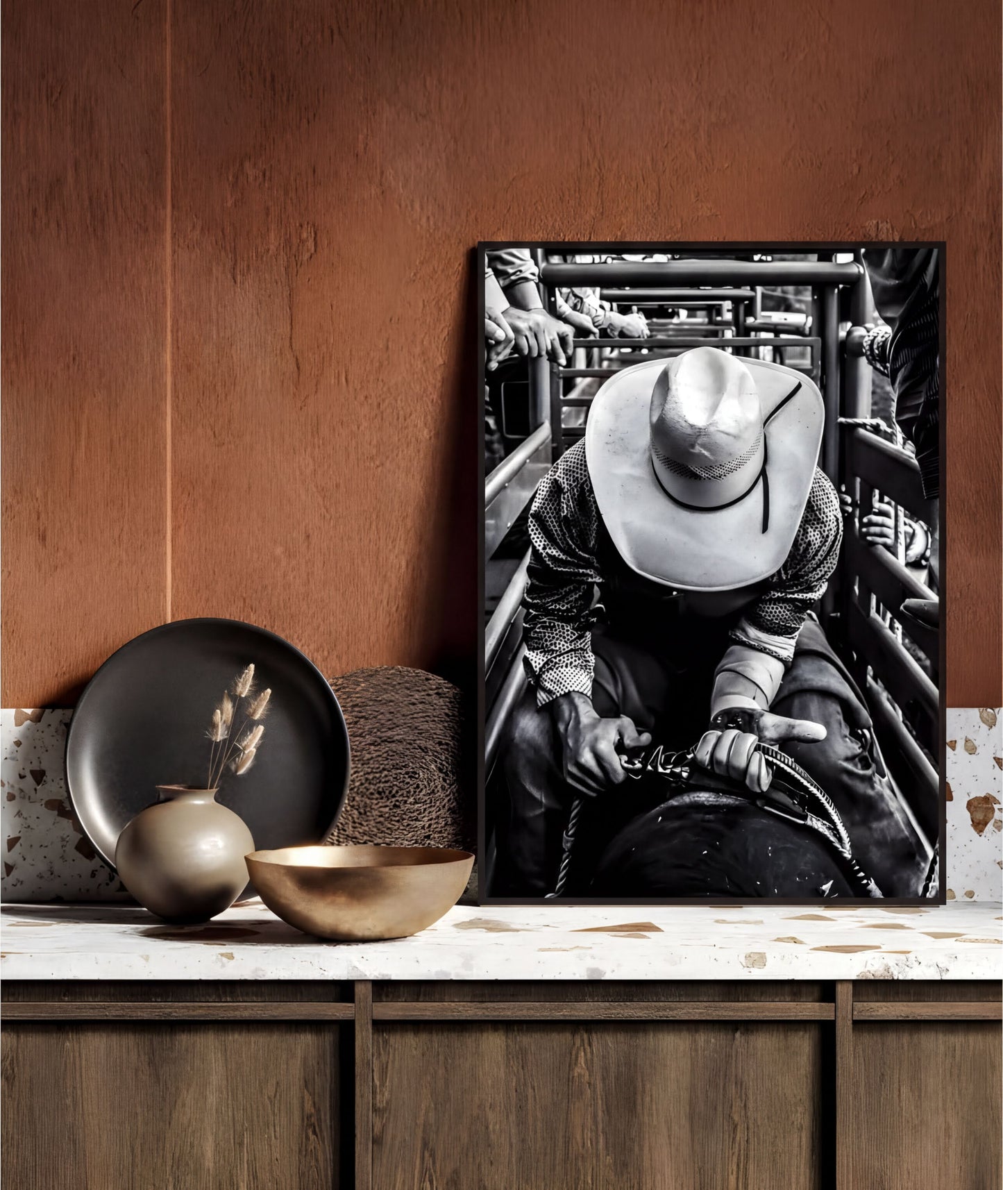 Cowboy Rodeo Wall Art featuring a cowboy preparing for the ride, set against rustic decor.