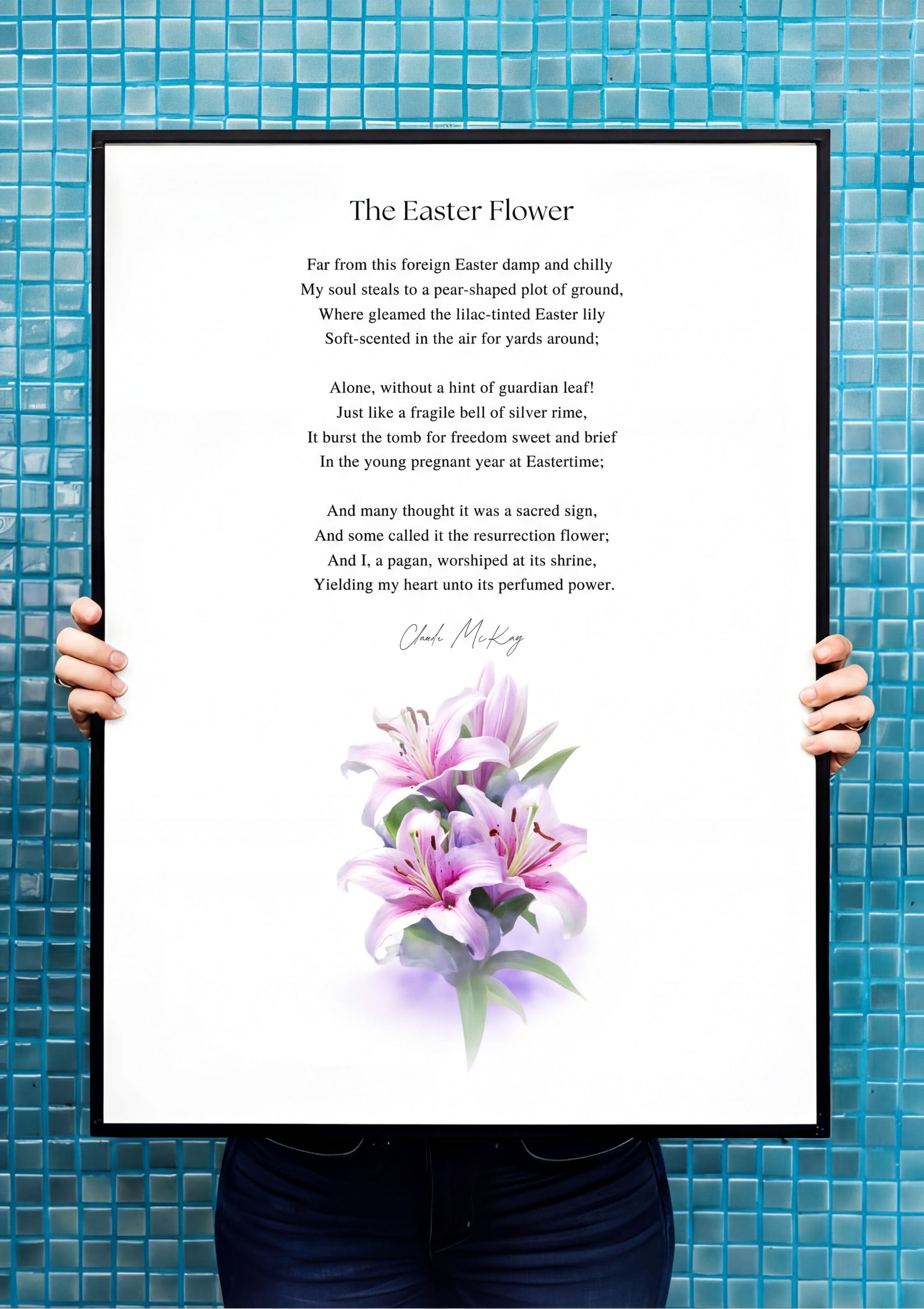 Easter Poetry Wall Art featuring The Easter Flower poem with elegant lily illustration on a blue tiled background.
